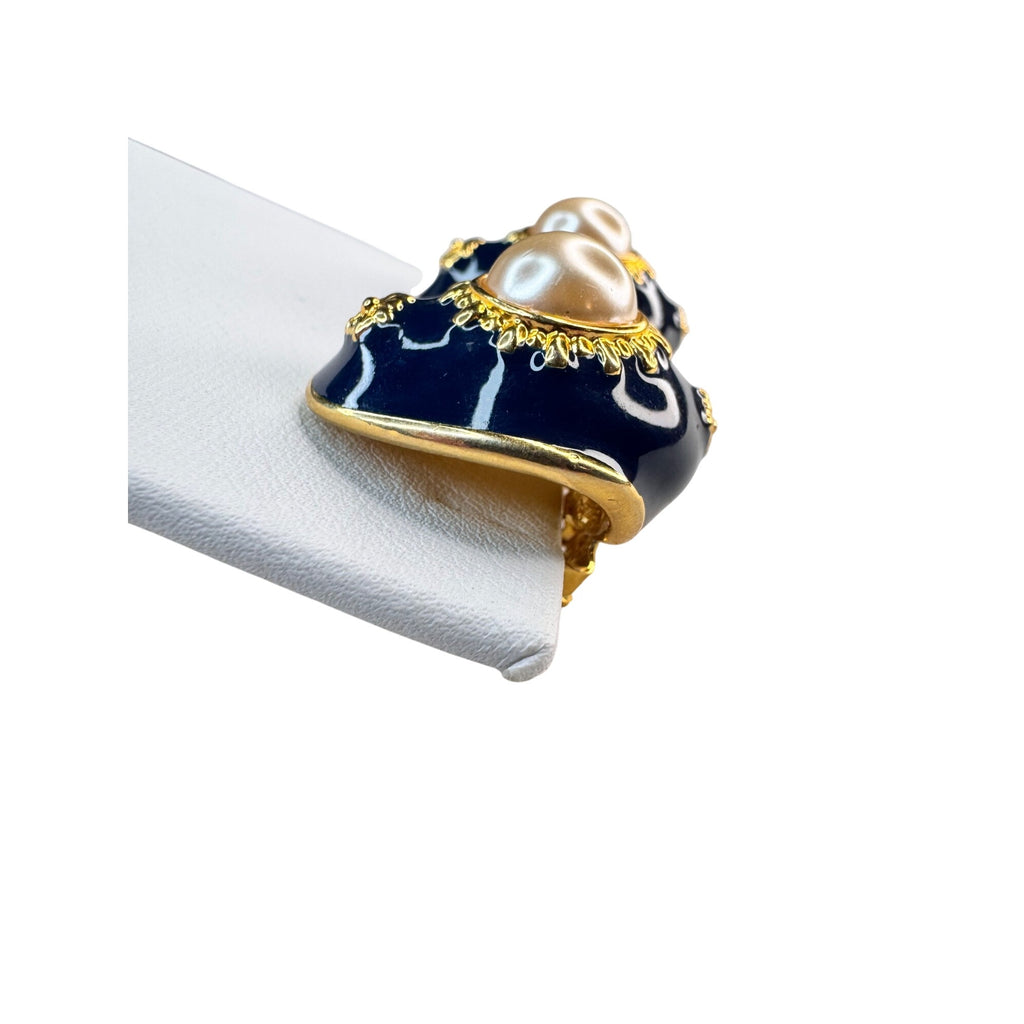 Joan Rivers Navy Enamel Faux Pearl Egg Drop Clip Earrings 1990s Vintage