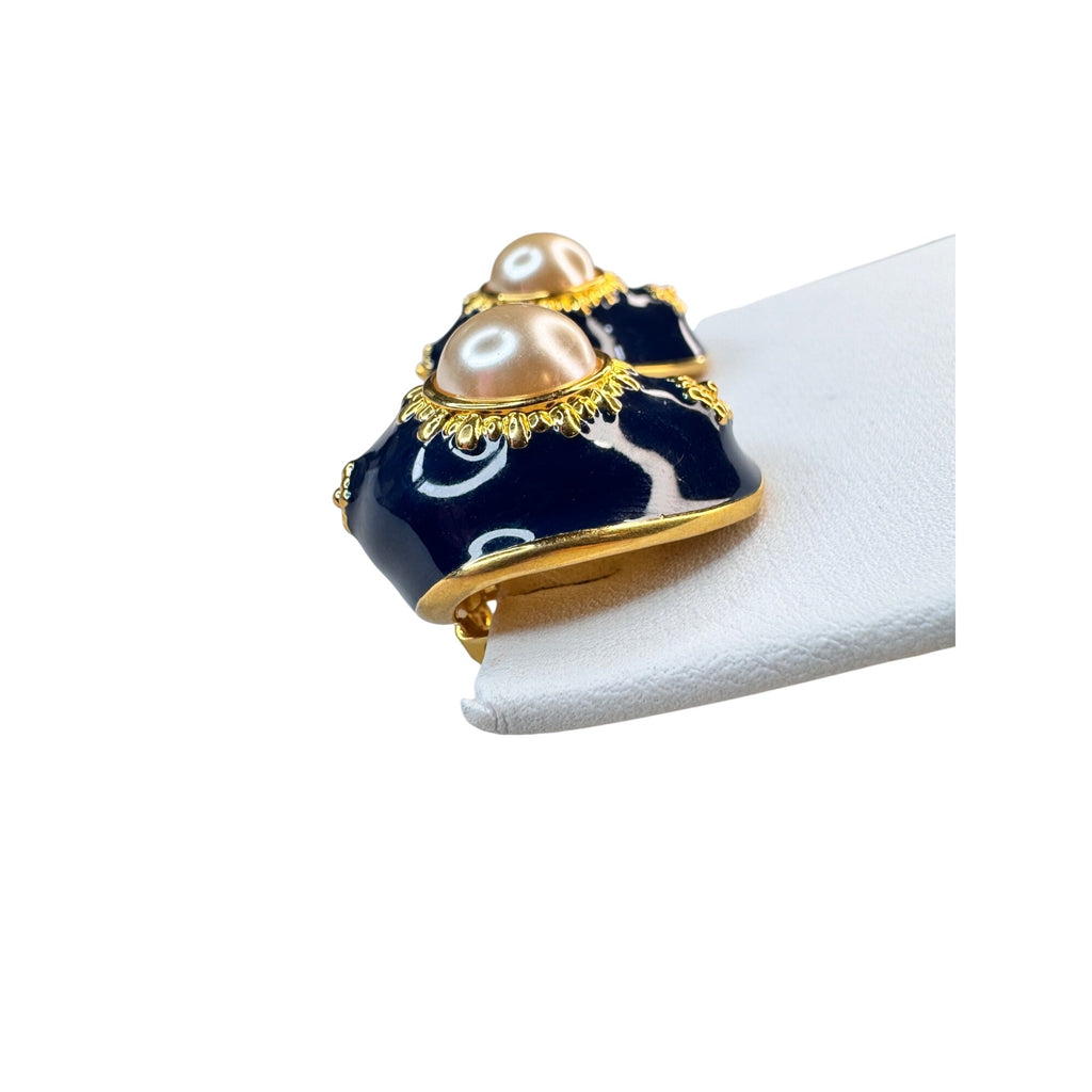 Joan Rivers Navy Enamel Faux Pearl Egg Drop Clip Earrings 1990s Vintage