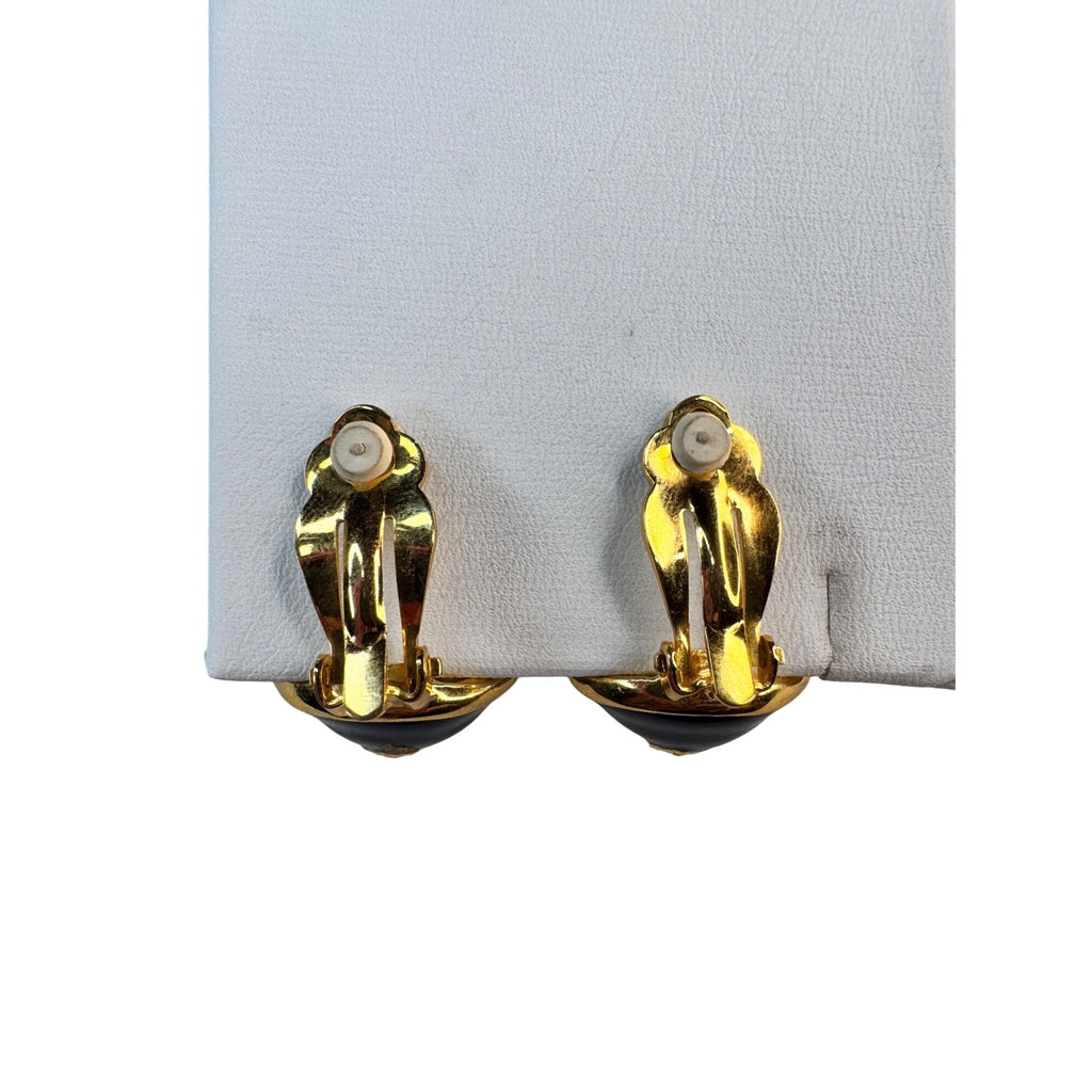 Joan Rivers Navy Enamel Faux Pearl Egg Drop Clip Earrings 1990s Vintage