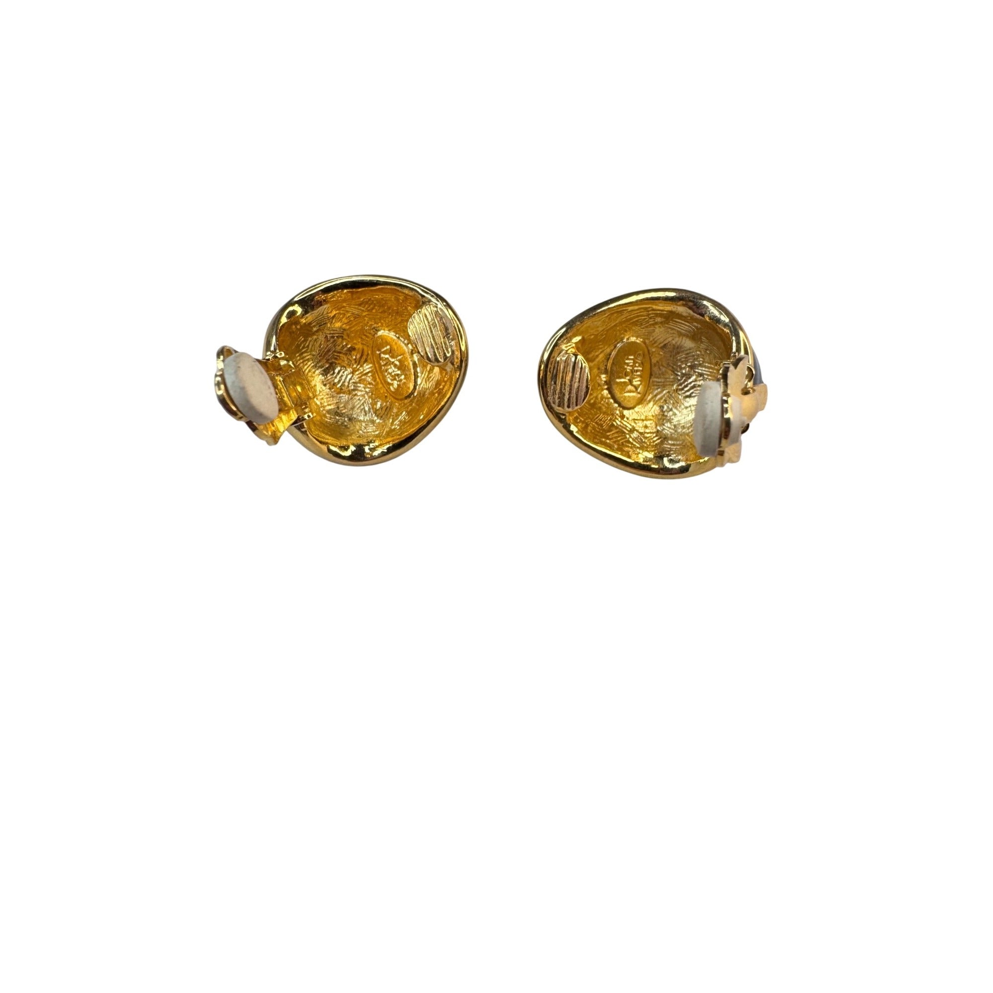 Joan Rivers Navy Enamel Faux Pearl Egg Drop Clip Earrings 1990s Vintage