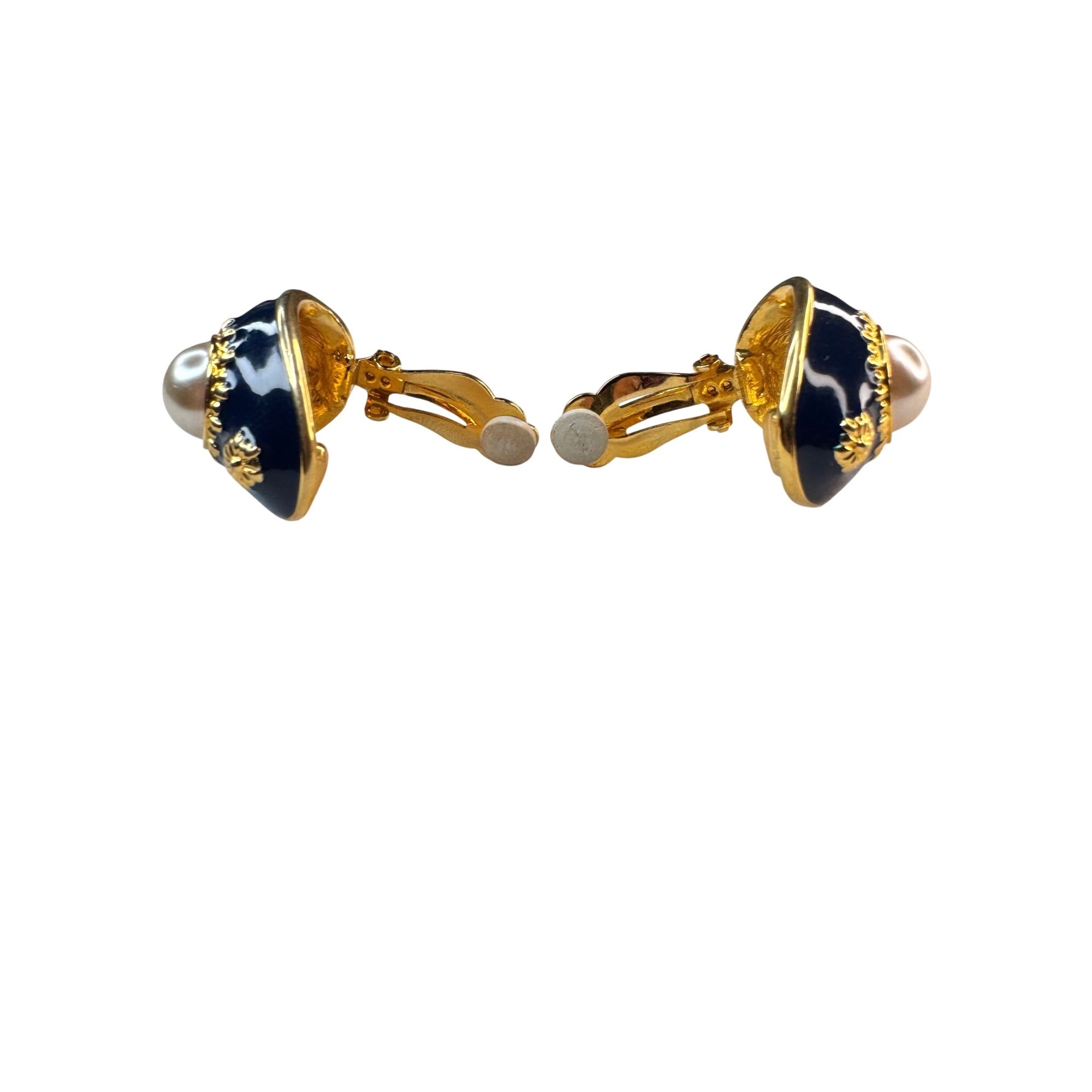 Joan Rivers Navy Enamel Faux Pearl Egg Drop Clip Earrings 1990s Vintage