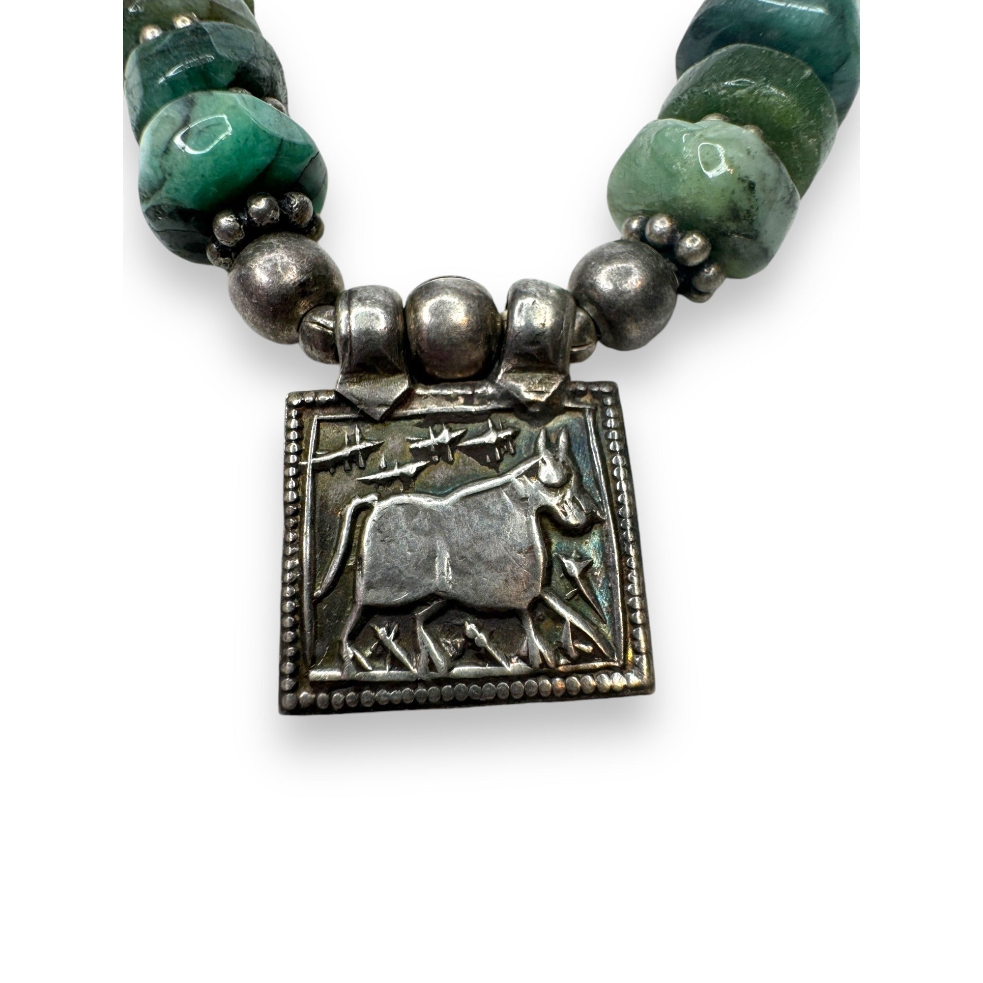 Handmade Sterling Tribal Emerald Necklace Bull Amulet Rajasthan Afghan Style