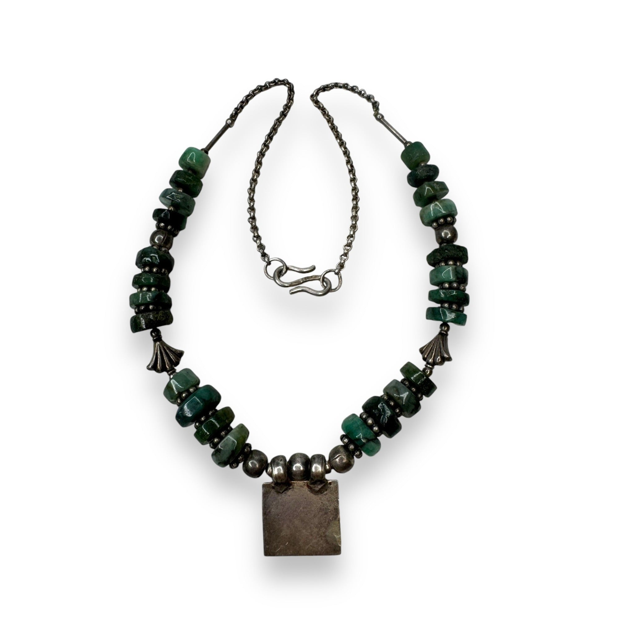 Handmade Sterling Tribal Emerald Necklace Bull Amulet Rajasthan Afghan Style