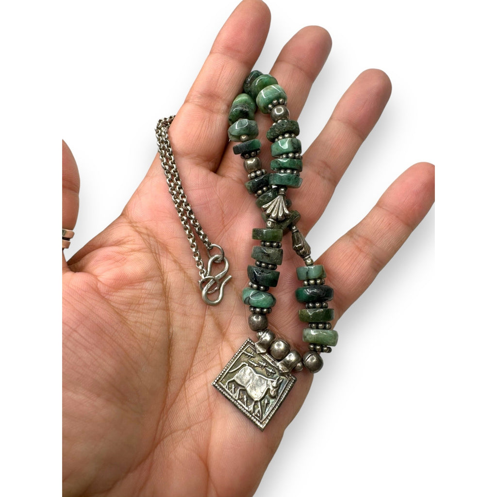 Handmade Sterling Tribal Emerald Necklace Bull Amulet Rajasthan Afghan Style