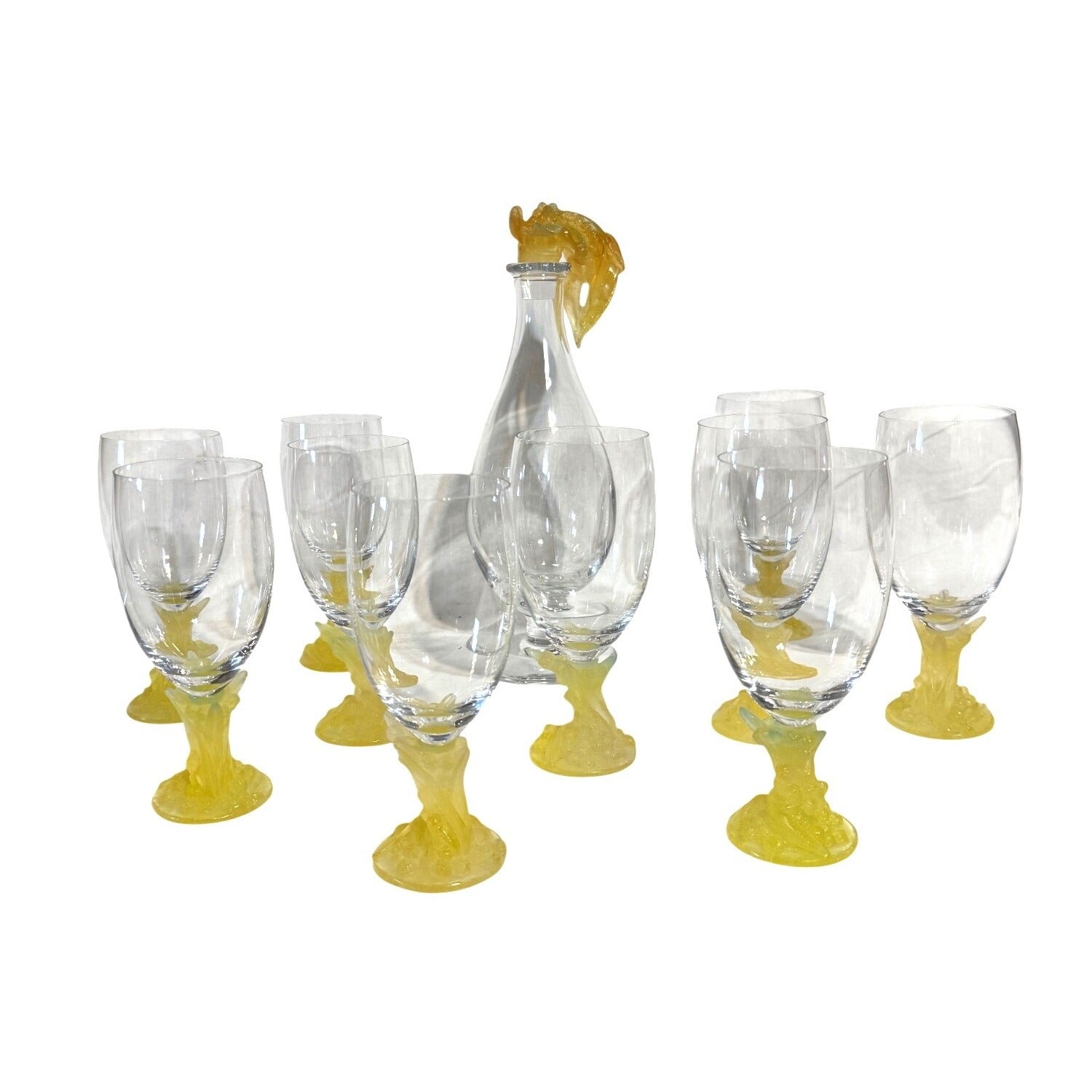 Daum France Pate de Verre Uranium Glass Decanter Set with 10 Goblets Art Crystal