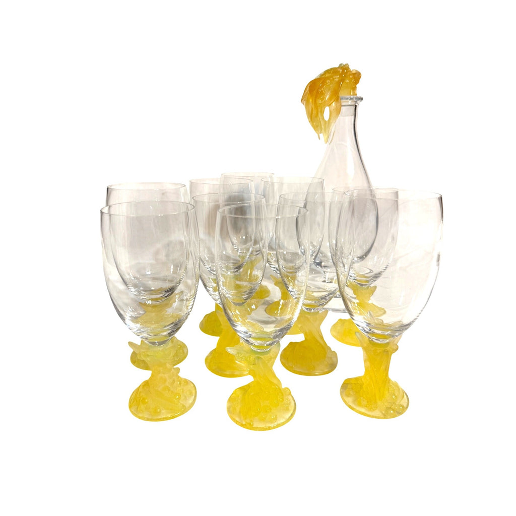 Daum France Pate de Verre Uranium Glass Decanter Set with 10 Goblets Art Crystal