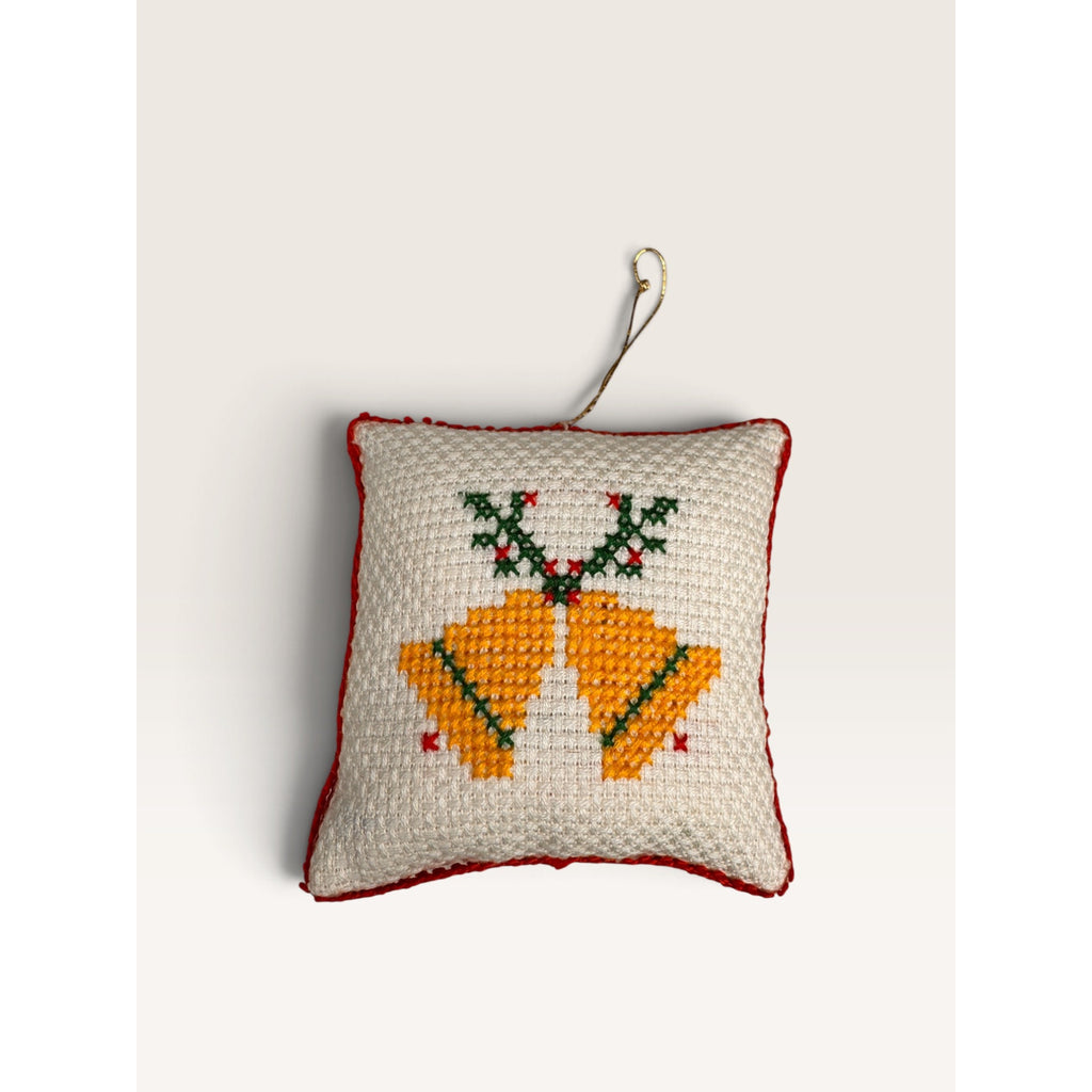 Christmas Bells Pillow Ornament Cream Cross Stitch Red Fabric Back Vintage 1980s