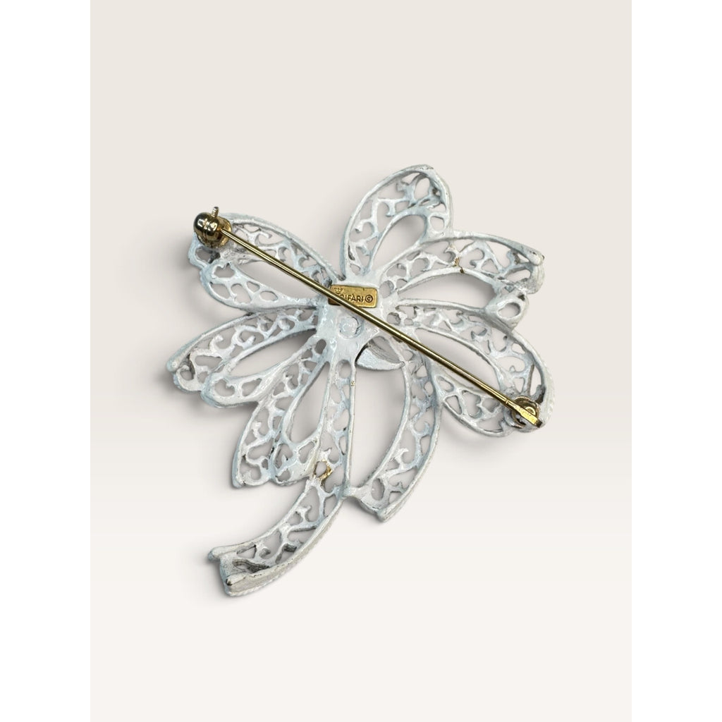 Crown Trifari 1960s Mid Century White Enamel Filigree Openwork Bow Brooch 2.46"