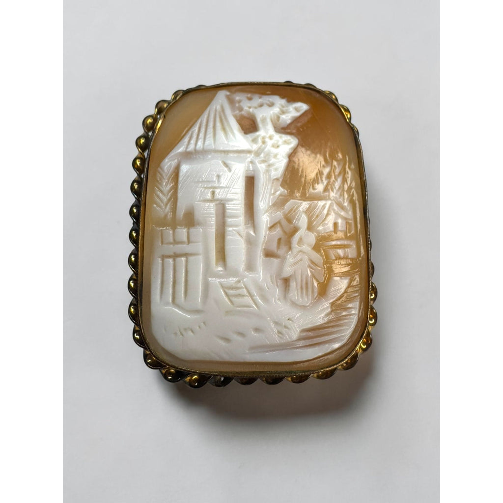 10K Gold Shell Cameo Brooch Rebecca at the Well Scenic Carved Vintage