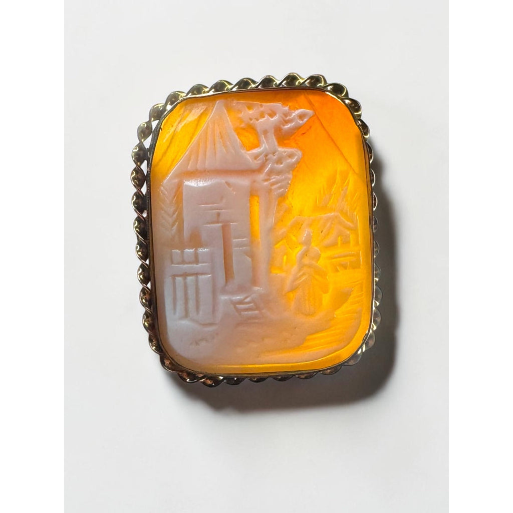10K Gold Shell Cameo Brooch Rebecca at the Well Scenic Carved Vintage