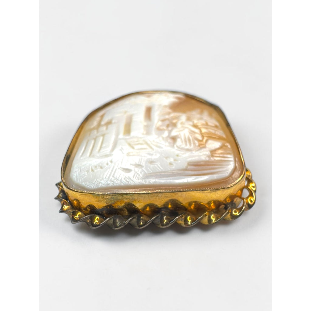 10K Gold Shell Cameo Brooch Rebecca at the Well Scenic Carved Vintage