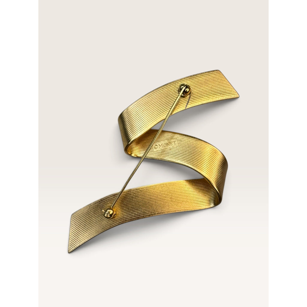 Monet Vintage 1970s Brooch Gold Tone Brushed Ribbon Swirl  2.99"