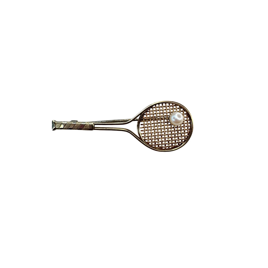 Krementz Tennis Racket Brooch With Pearl Gold Tone 2.22 Inch Vintage