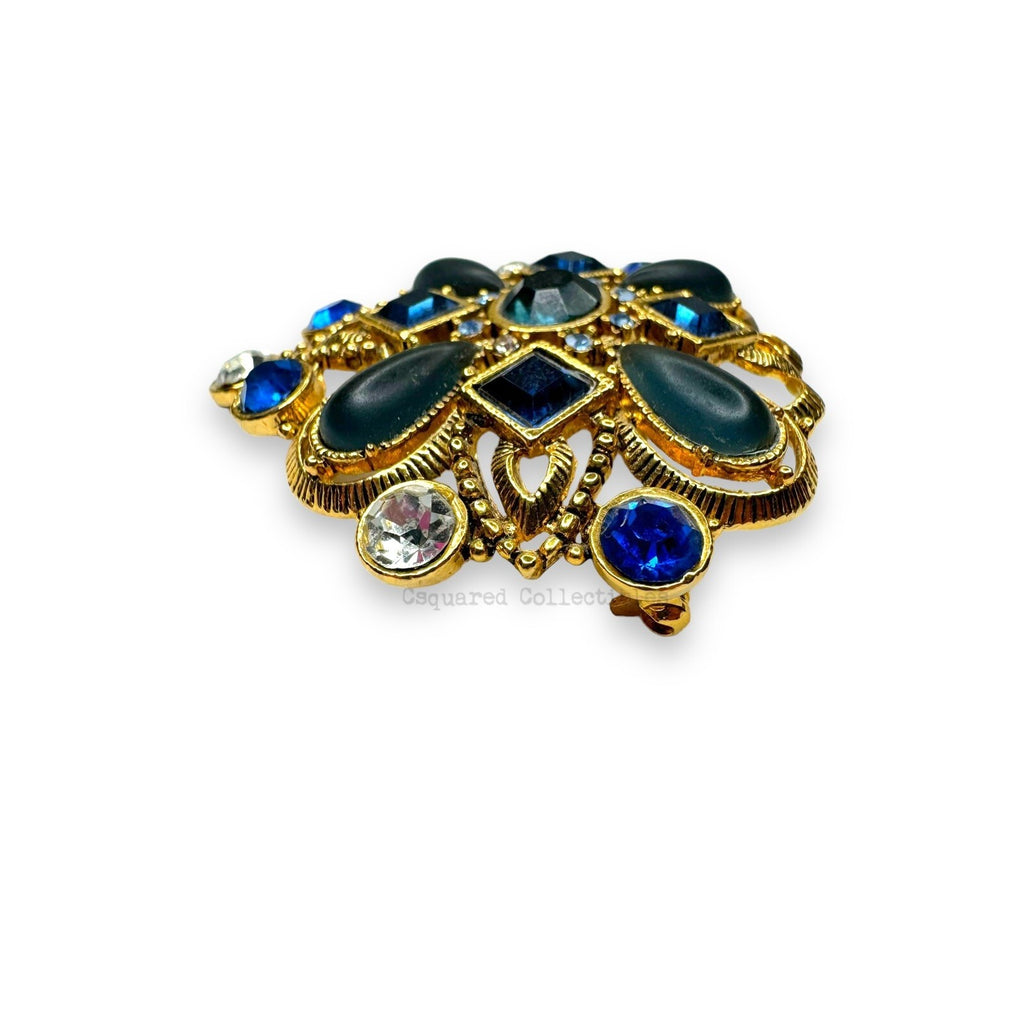 Gold Tone Blue Clear Faceted Crystal & Acrylic Cabochon Brooch