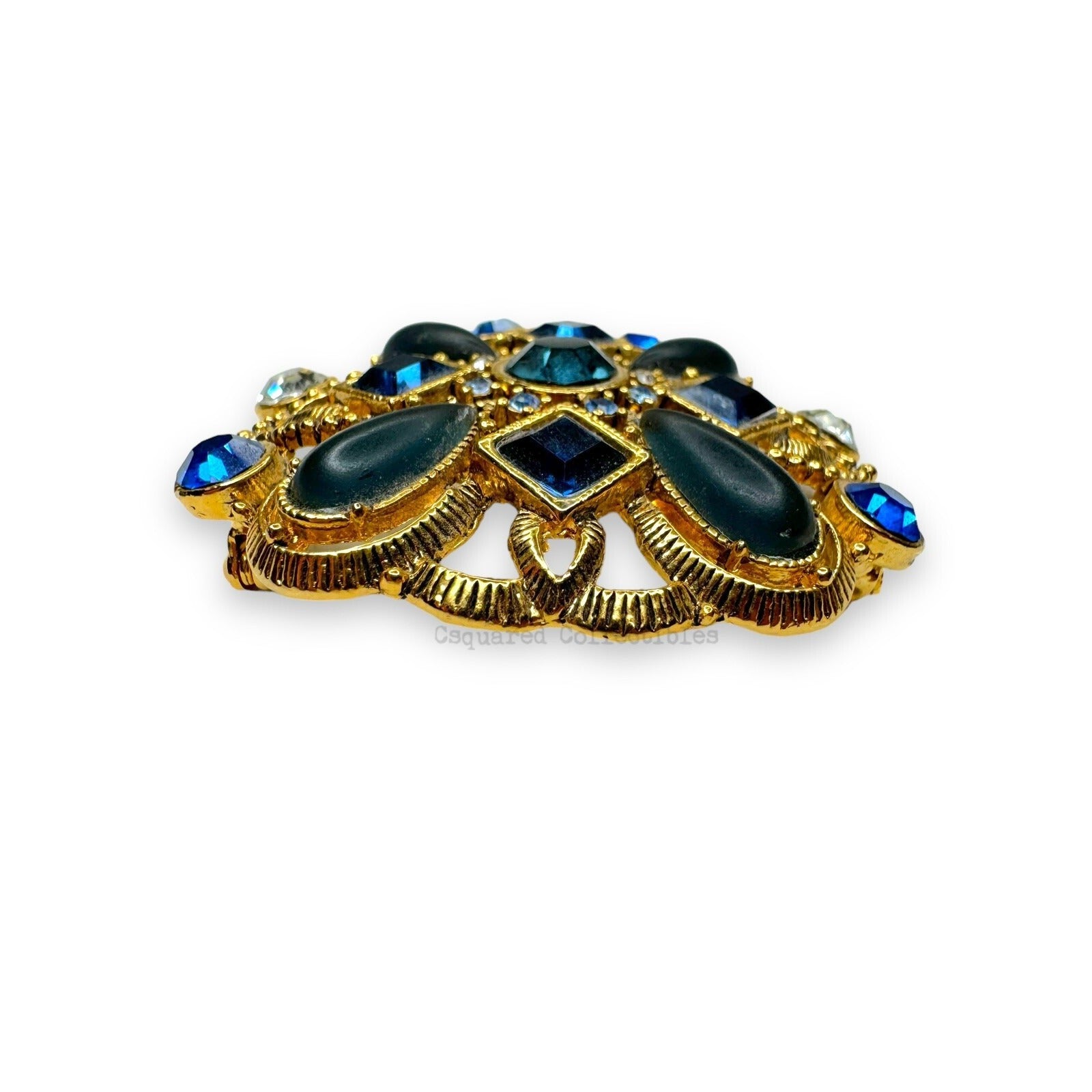 Gold Tone Blue Clear Faceted Crystal & Acrylic Cabochon Brooch