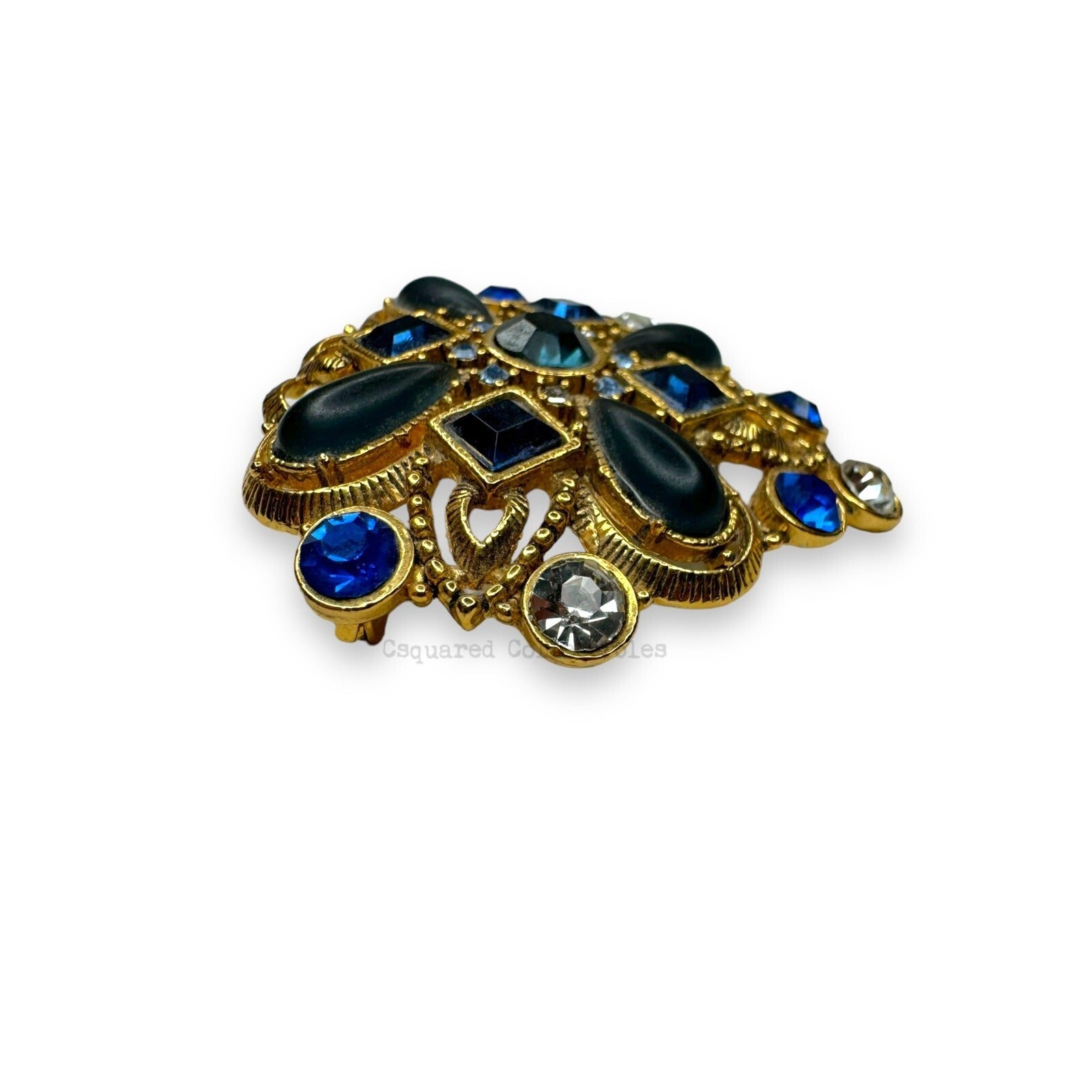 Gold Tone Blue Clear Faceted Crystal & Acrylic Cabochon Brooch
