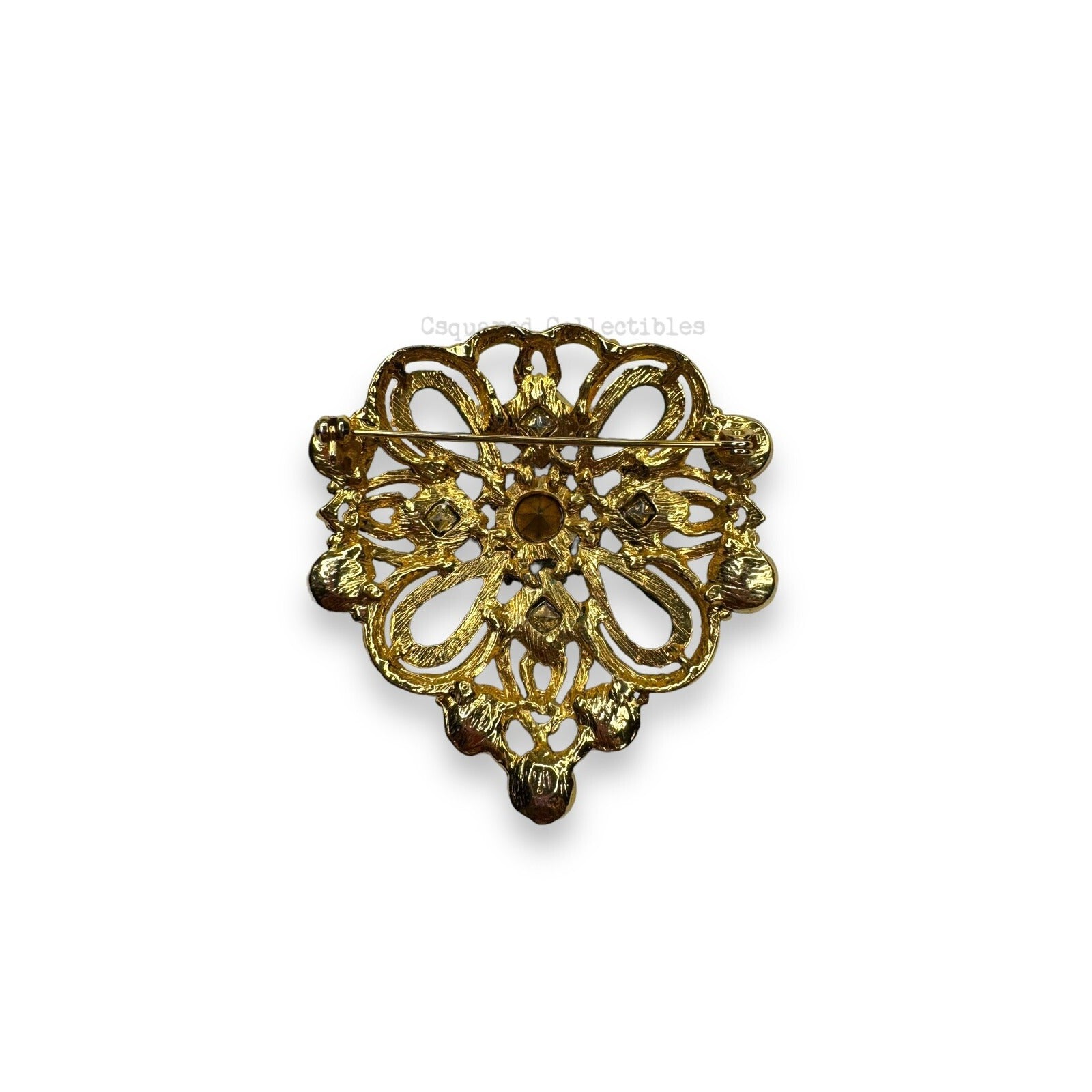 Gold Tone Blue Clear Faceted Crystal & Acrylic Cabochon Brooch