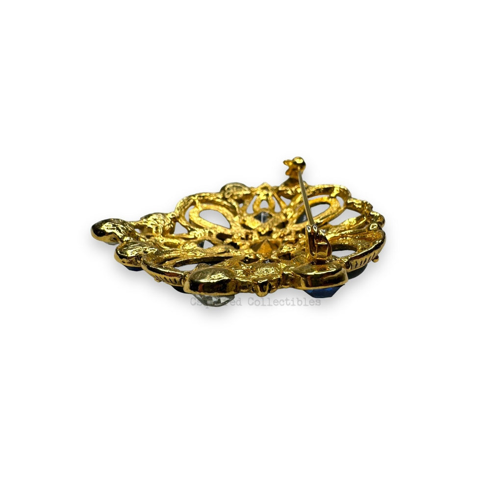 Gold Tone Blue Clear Faceted Crystal & Acrylic Cabochon Brooch