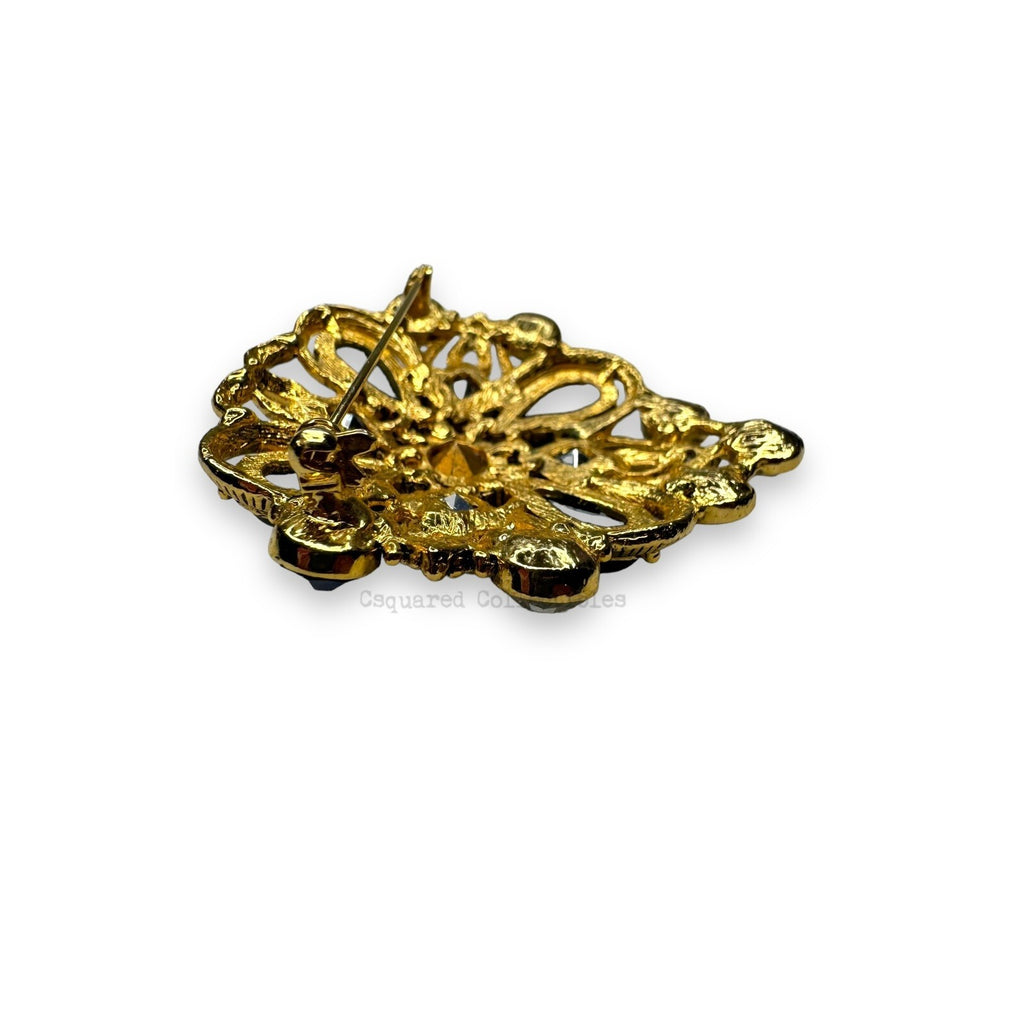 Gold Tone Blue Clear Faceted Crystal & Acrylic Cabochon Brooch