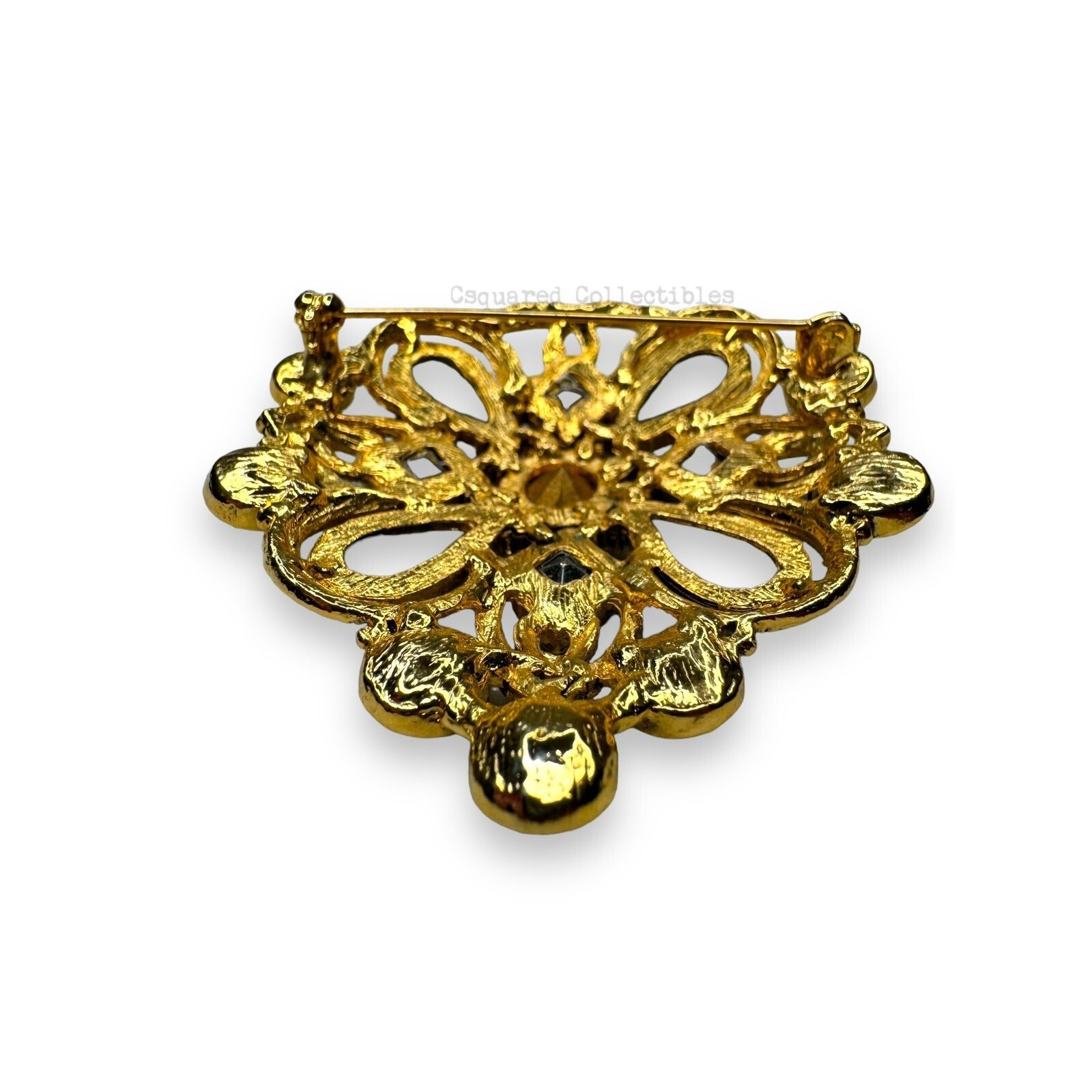 Gold Tone Blue Clear Faceted Crystal & Acrylic Cabochon Brooch