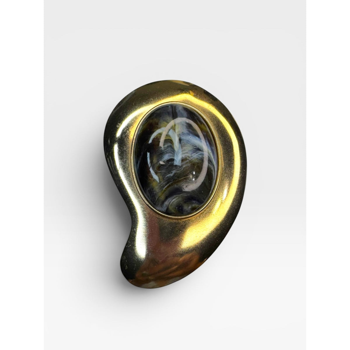 Abstract Gold Tone Brooch Black Gray Acrylic Cabochon Modernist Freeform 1980s