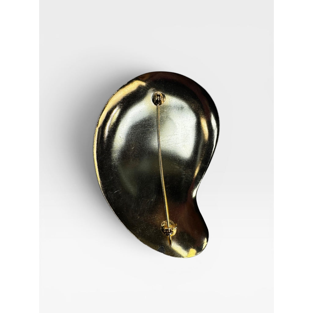 Abstract Gold Tone Brooch Black Gray Acrylic Cabochon Modernist Freeform 1980s