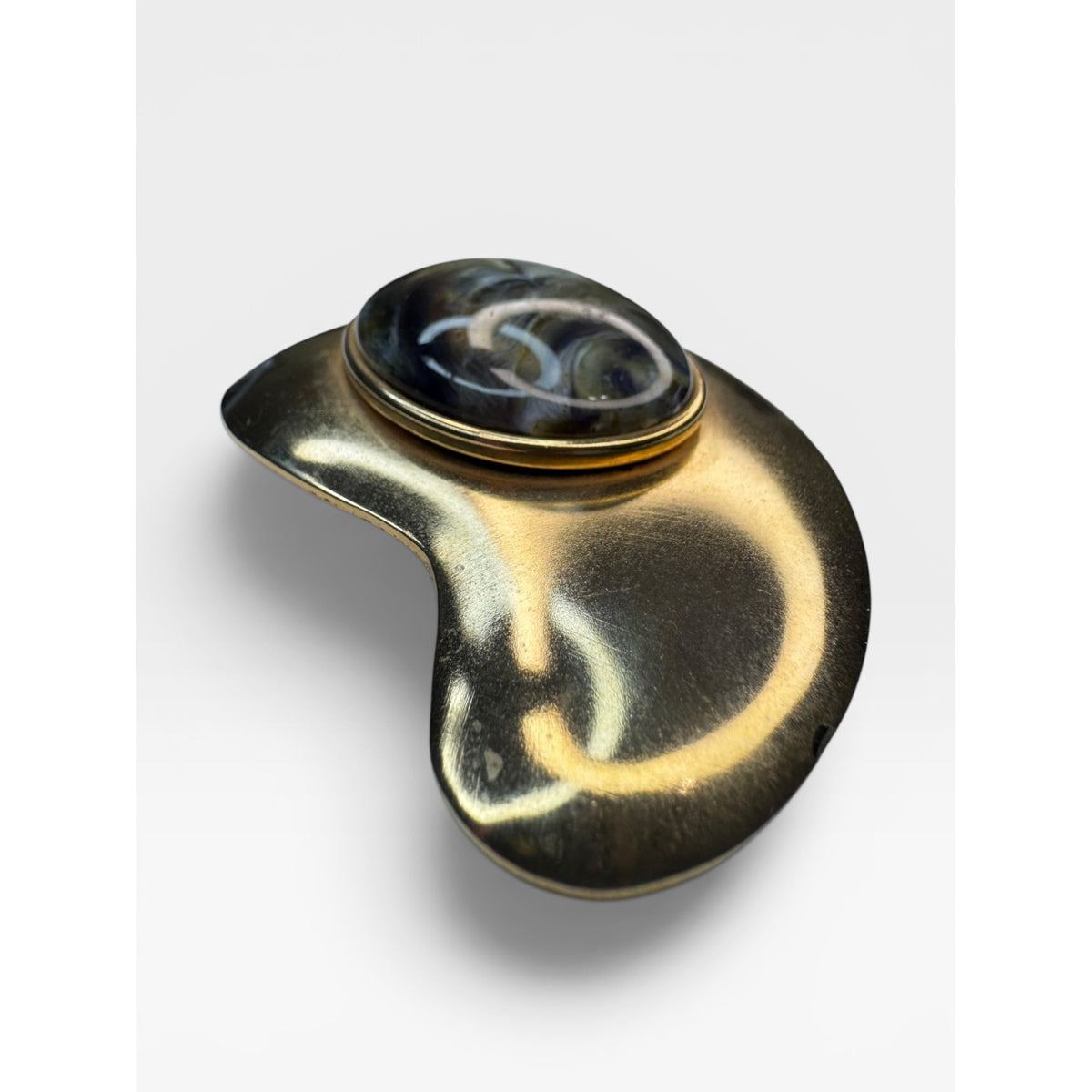 Abstract Gold Tone Brooch Black Gray Acrylic Cabochon Modernist Freeform 1980s