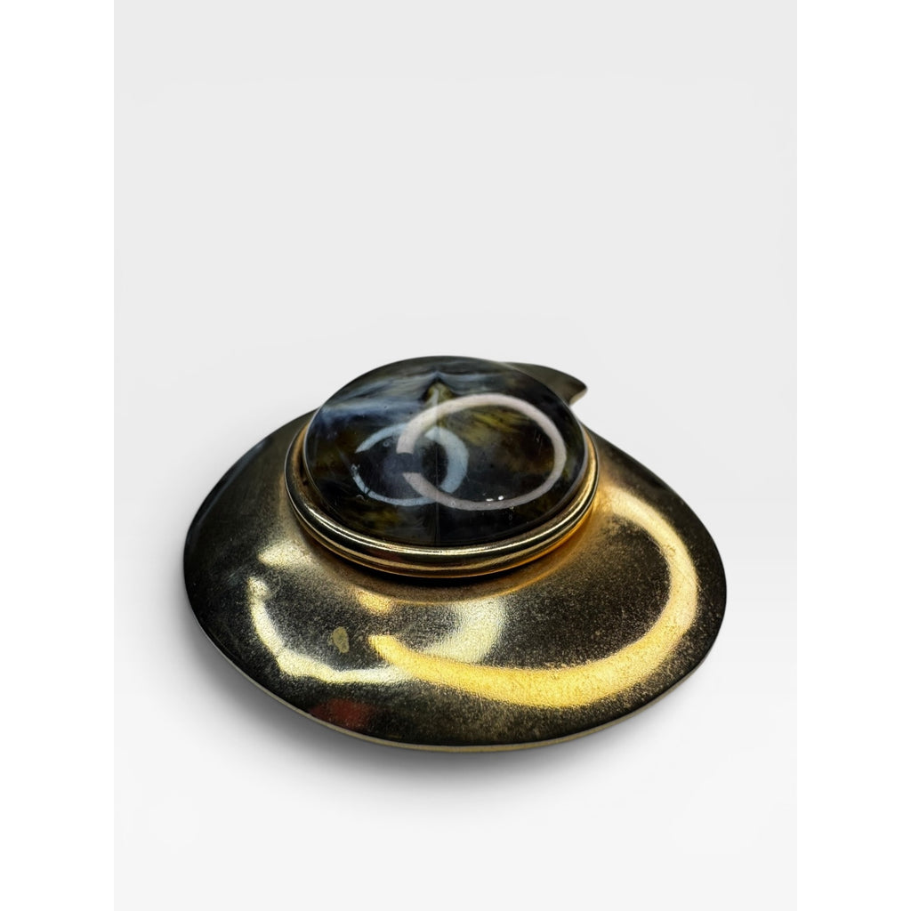 Abstract Gold Tone Brooch Black Gray Acrylic Cabochon Modernist Freeform 1980s
