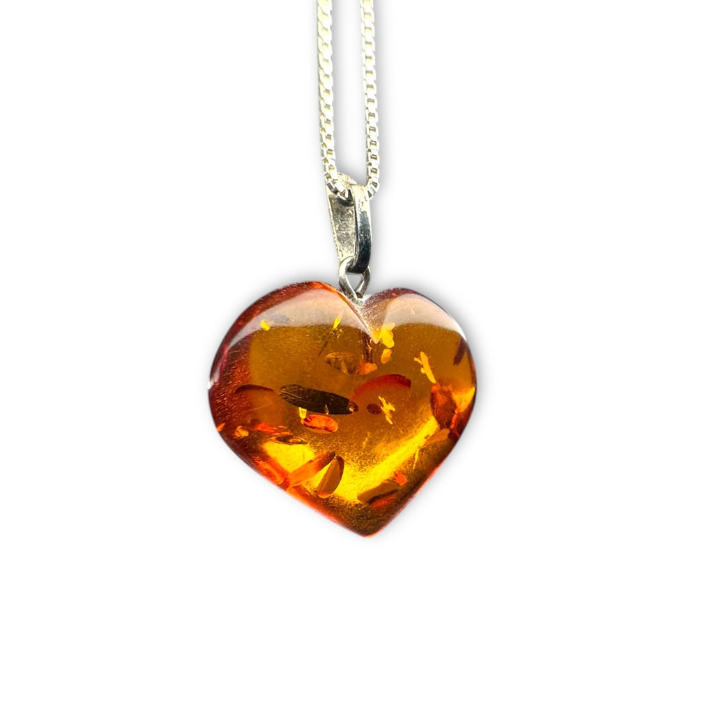 Vintage Amber Heart Pendant Necklace Sterling Silver Chain 19" Italy