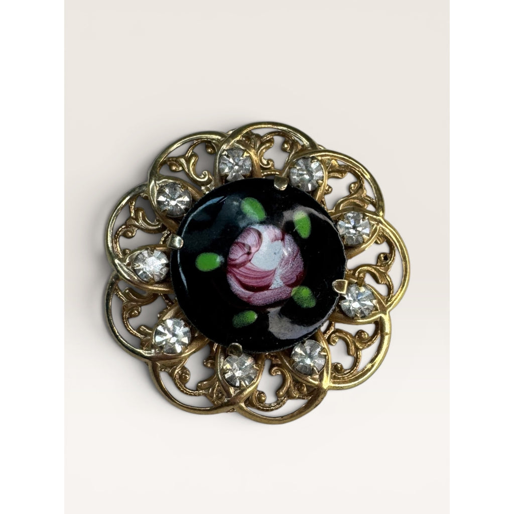 1950s Hand Painted Glass Rose Cabochon Crystal Rhinestone Filigree Brooch Pin