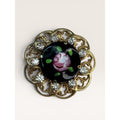 1950s Hand Painted Glass Rose Cabochon Crystal Rhinestone Filigree Brooch Pin