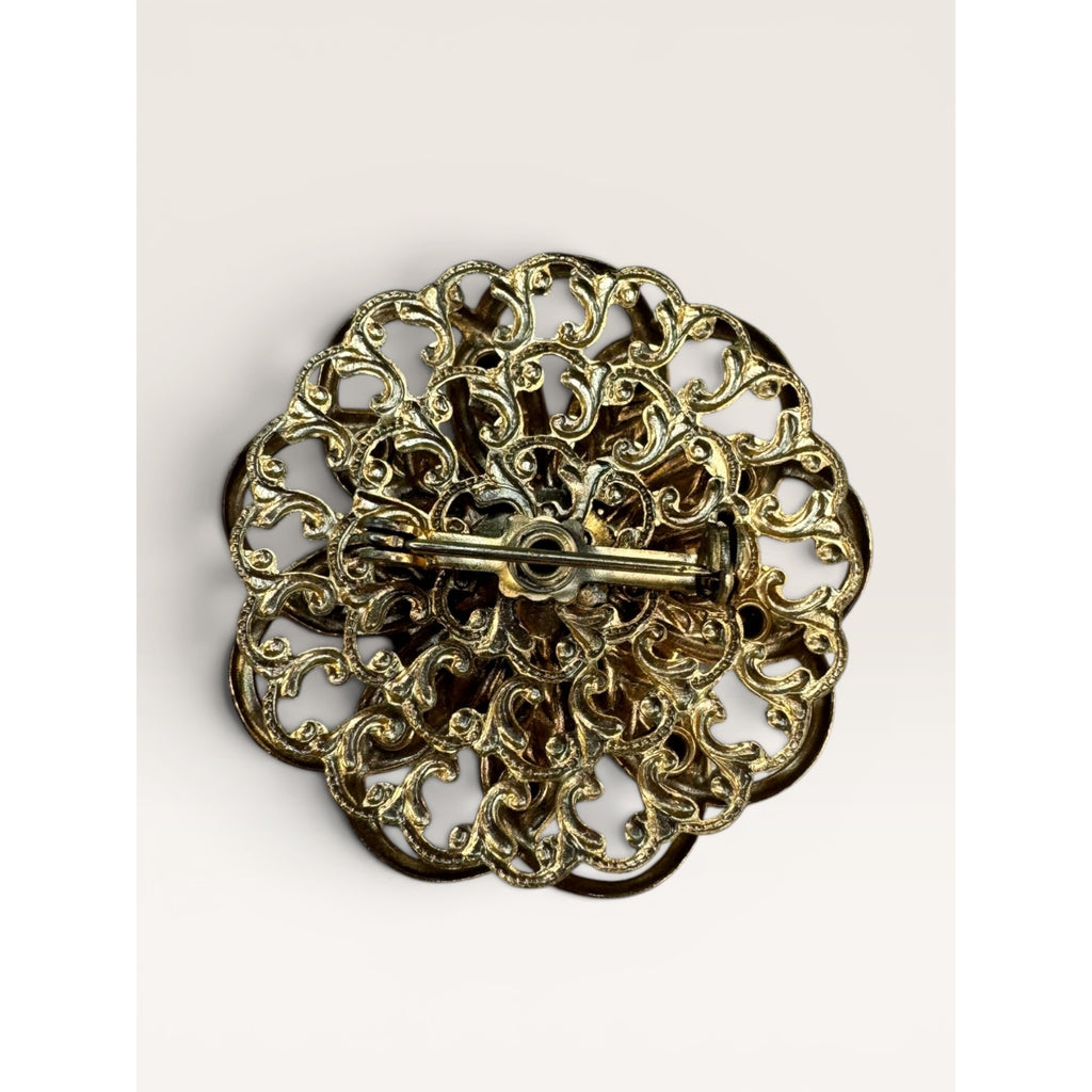 1950s Hand Painted Glass Rose Cabochon Crystal Rhinestone Filigree Brooch Pin