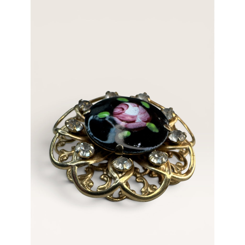 1950s Hand Painted Glass Rose Cabochon Crystal Rhinestone Filigree Brooch Pin