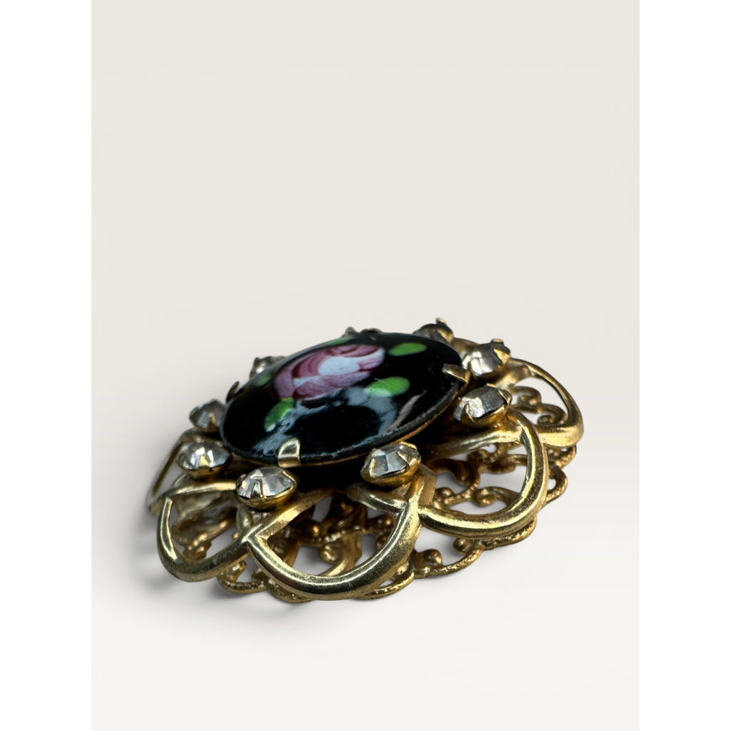 1950s Hand Painted Glass Rose Cabochon Crystal Rhinestone Filigree Brooch Pin