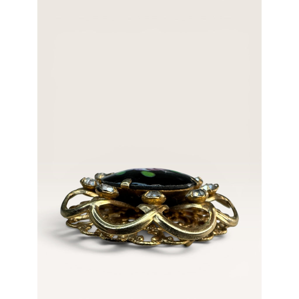 1950s Hand Painted Glass Rose Cabochon Crystal Rhinestone Filigree Brooch Pin