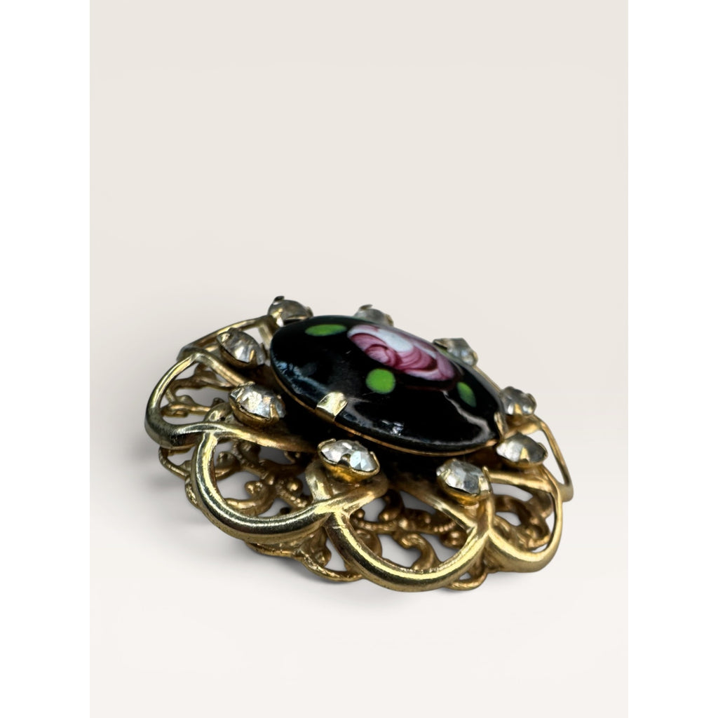 1950s Hand Painted Glass Rose Cabochon Crystal Rhinestone Filigree Brooch Pin