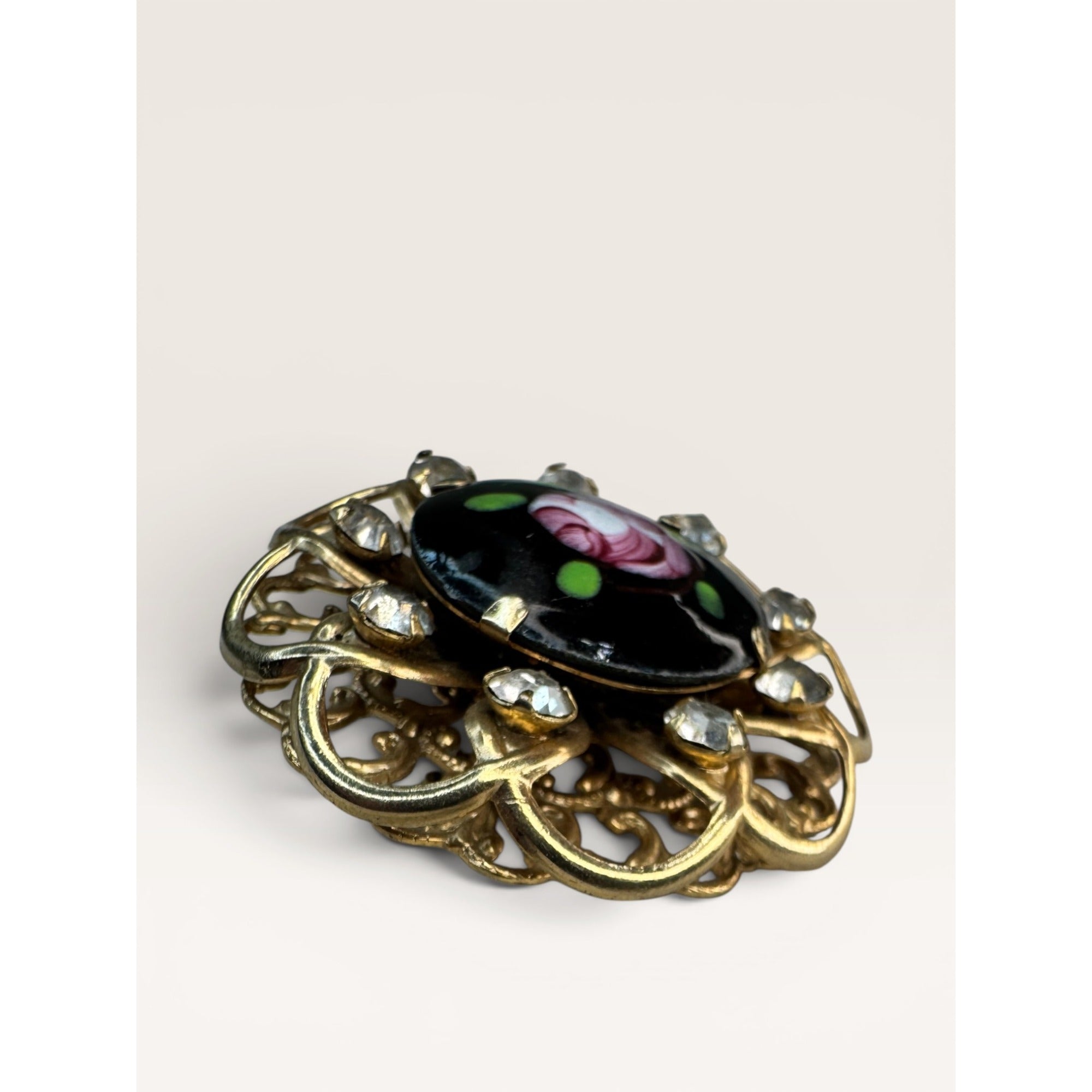 1950s Hand Painted Glass Rose Cabochon Crystal Rhinestone Filigree Brooch Pin