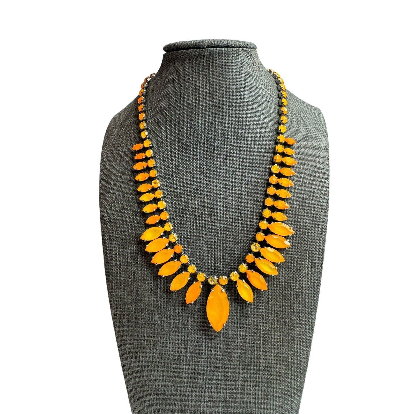 Vintage Orange Navette Rhinestone Necklace Silver Tone 17" 1960s