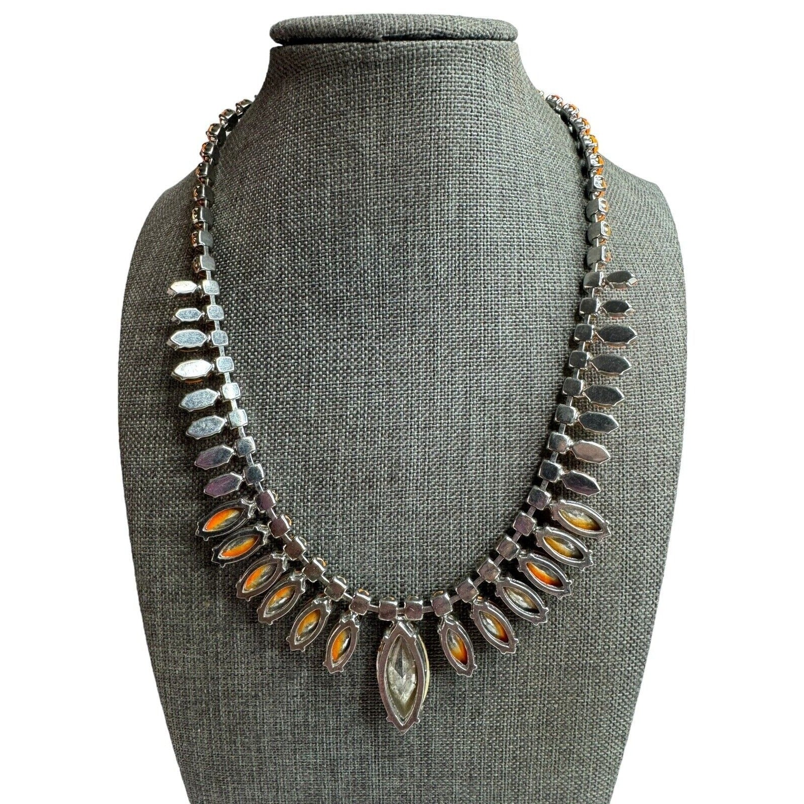 Vintage Orange Navette Rhinestone Necklace Silver Tone 17" 1960s