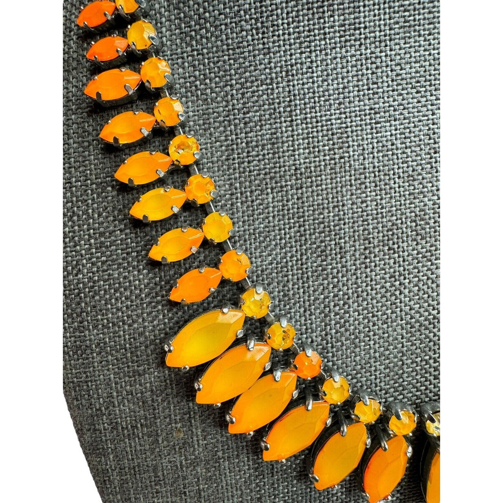 Vintage Orange Navette Rhinestone Necklace Silver Tone 17" 1960s