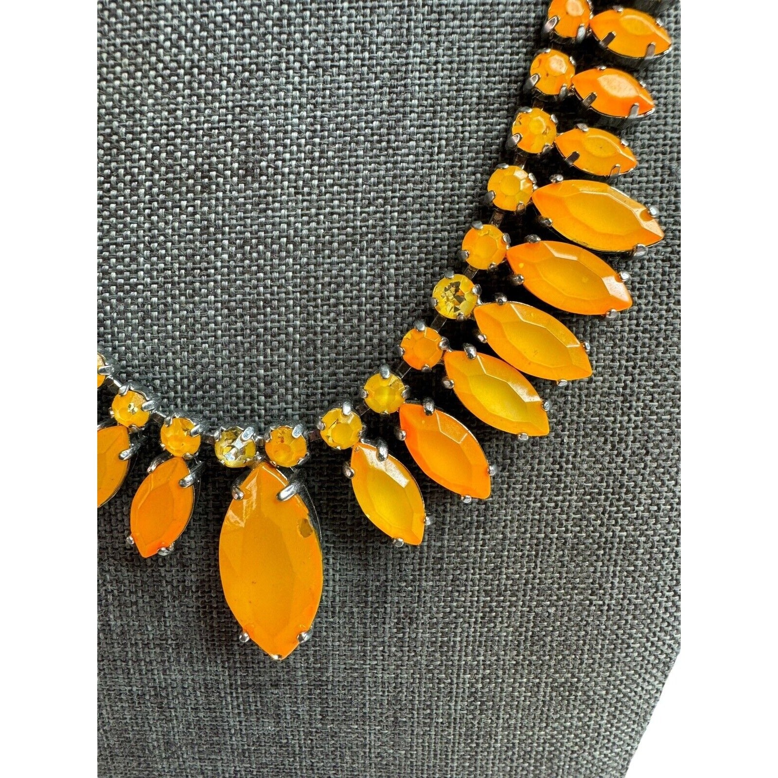 Vintage Orange Navette Rhinestone Necklace Silver Tone 17" 1960s