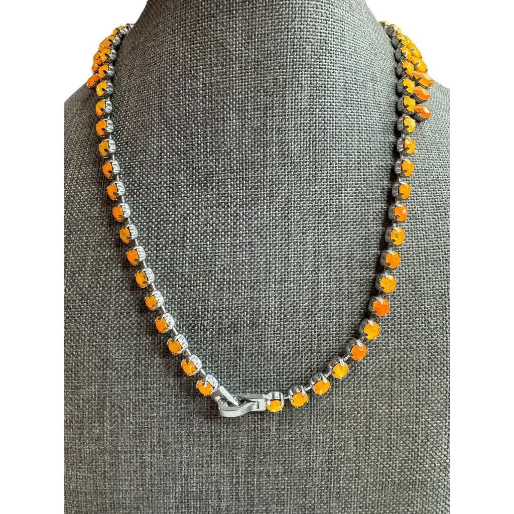 Vintage Orange Navette Rhinestone Necklace Silver Tone 17" 1960s