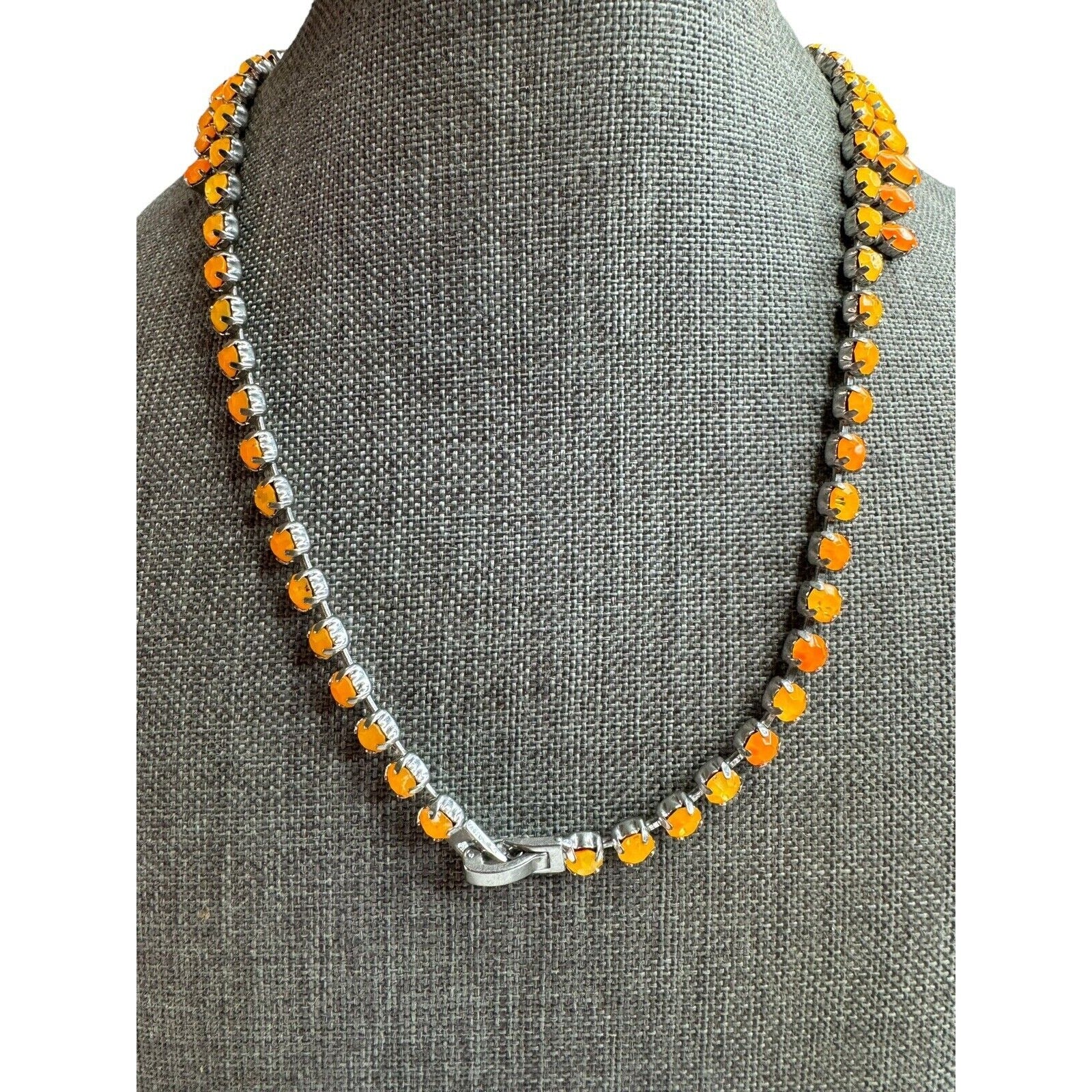 Vintage Orange Navette Rhinestone Necklace Silver Tone 17" 1960s