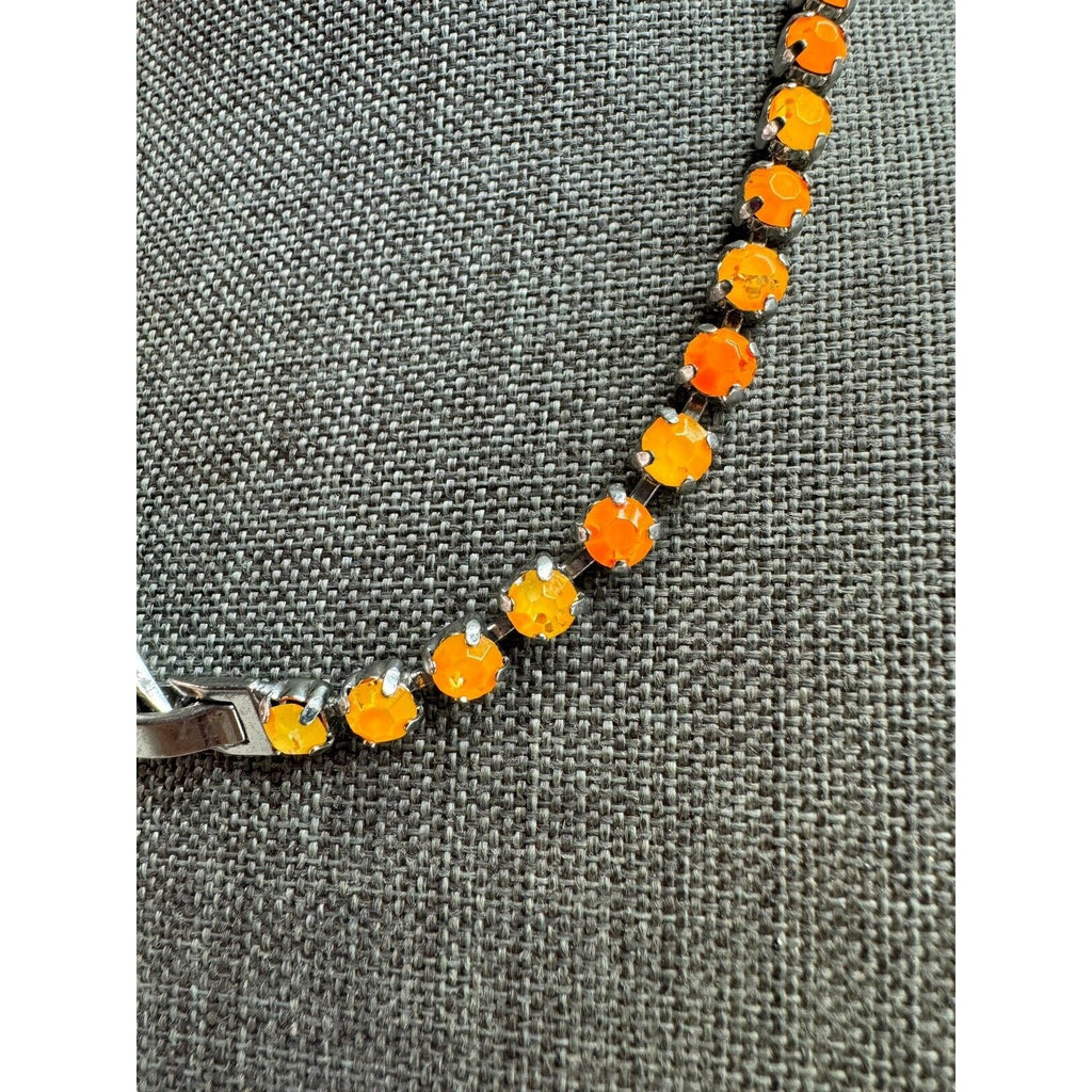 Vintage Orange Navette Rhinestone Necklace Silver Tone 17" 1960s