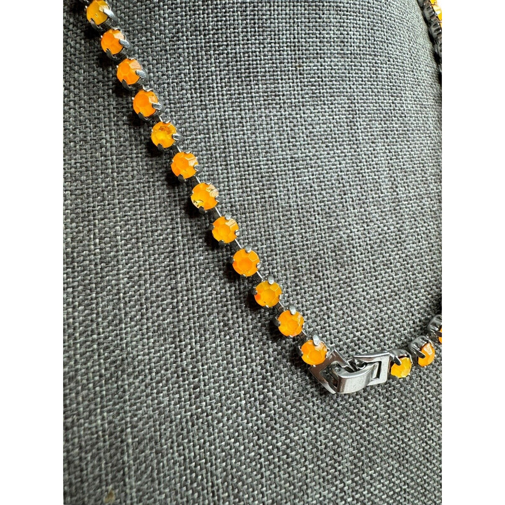Vintage Orange Navette Rhinestone Necklace Silver Tone 17" 1960s