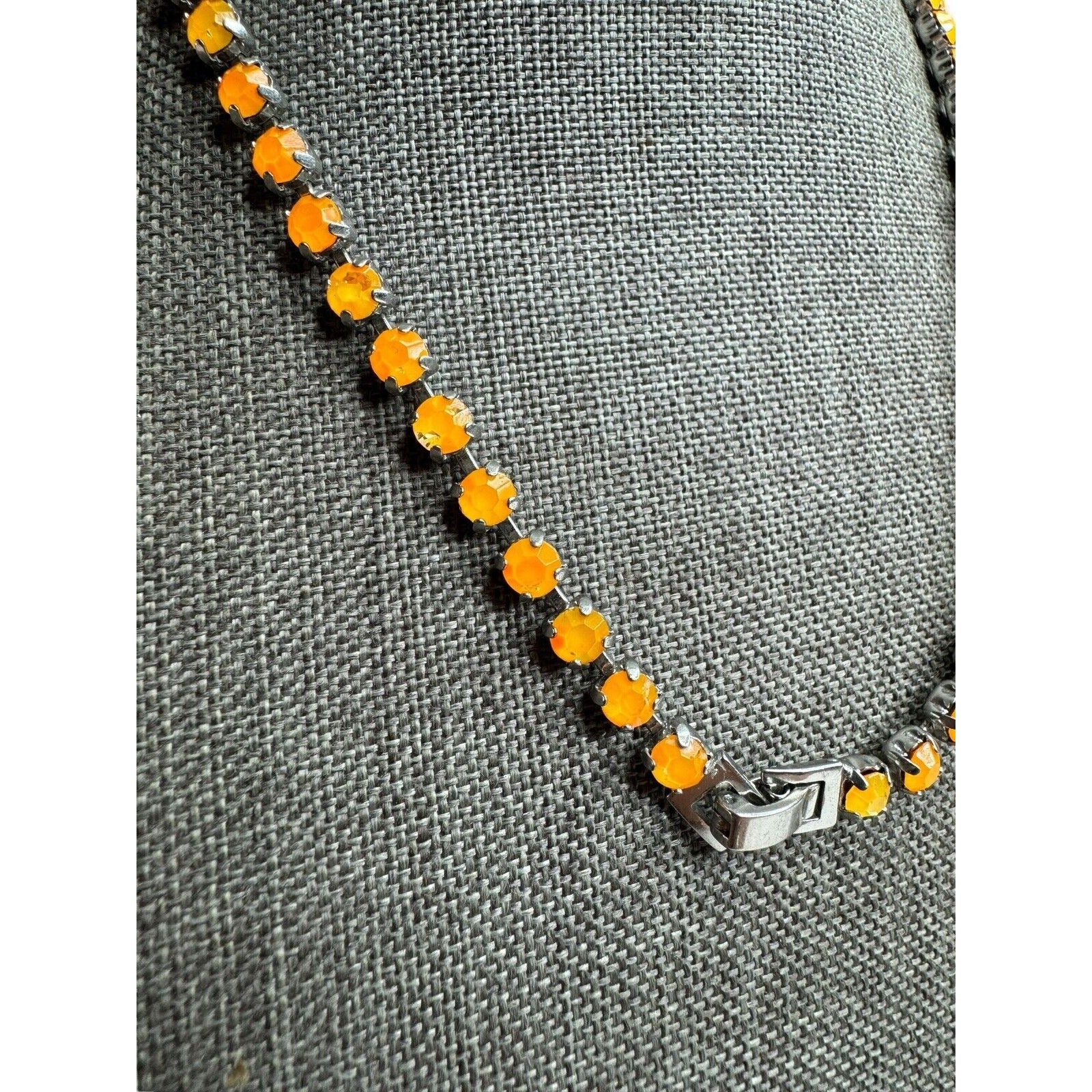 Vintage Orange Navette Rhinestone Necklace Silver Tone 17" 1960s