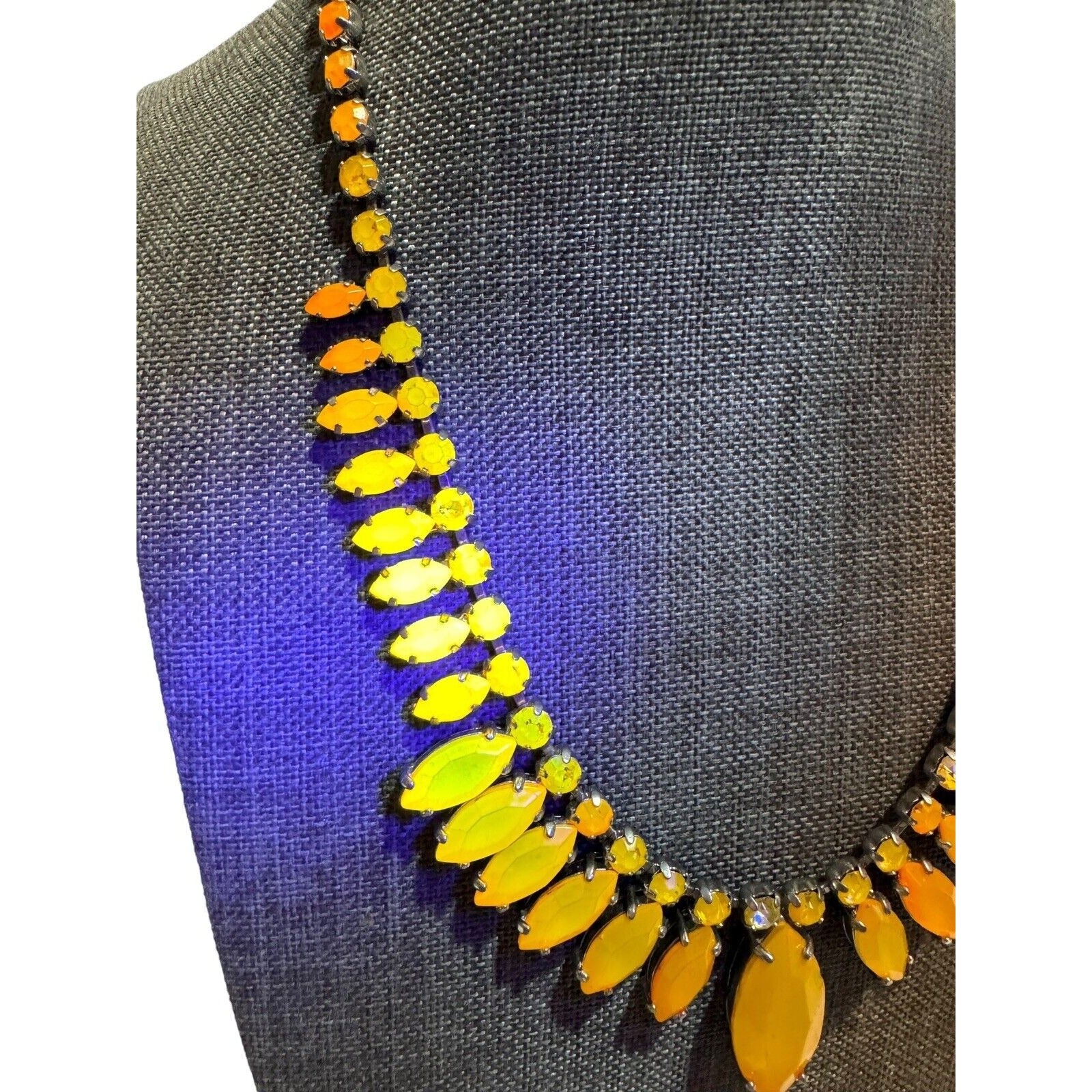 Vintage Orange Navette Rhinestone Necklace Silver Tone 17" 1960s
