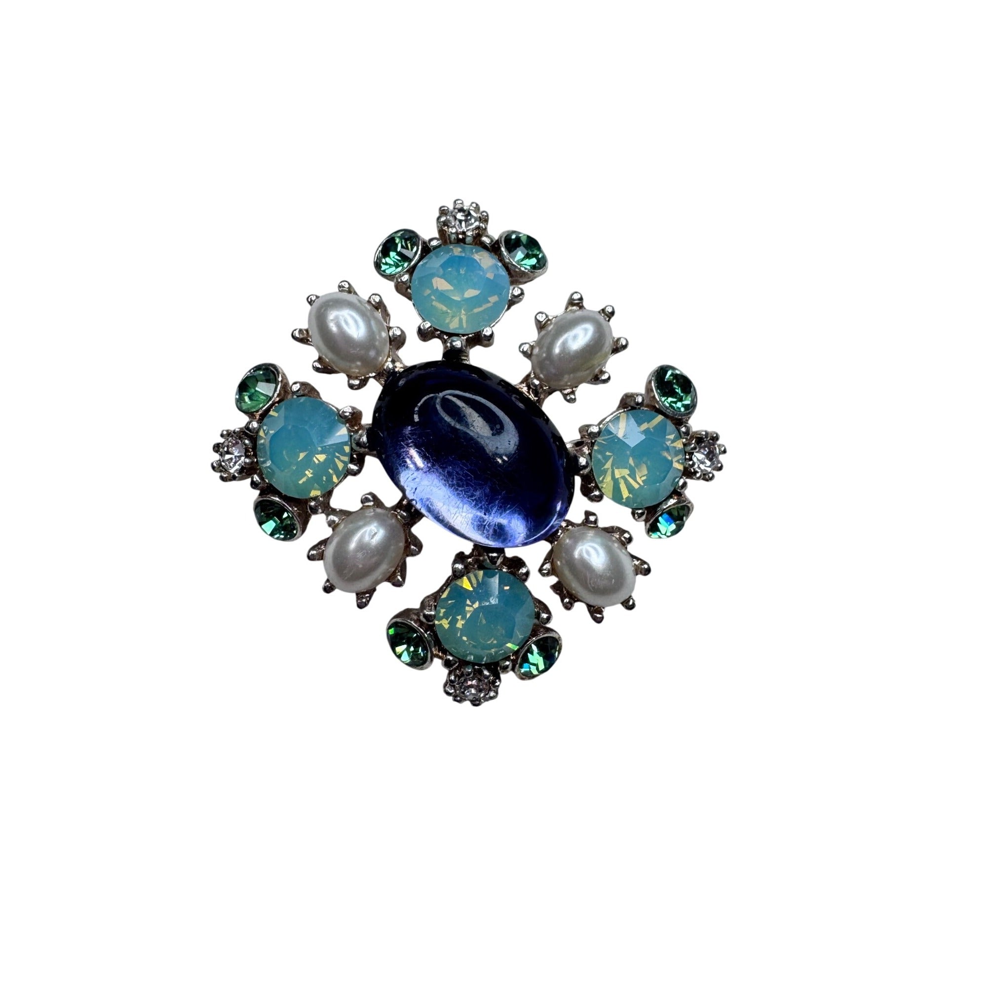 Blue Purple Crystal Faux Pearl Brooch Silver Tone Modern