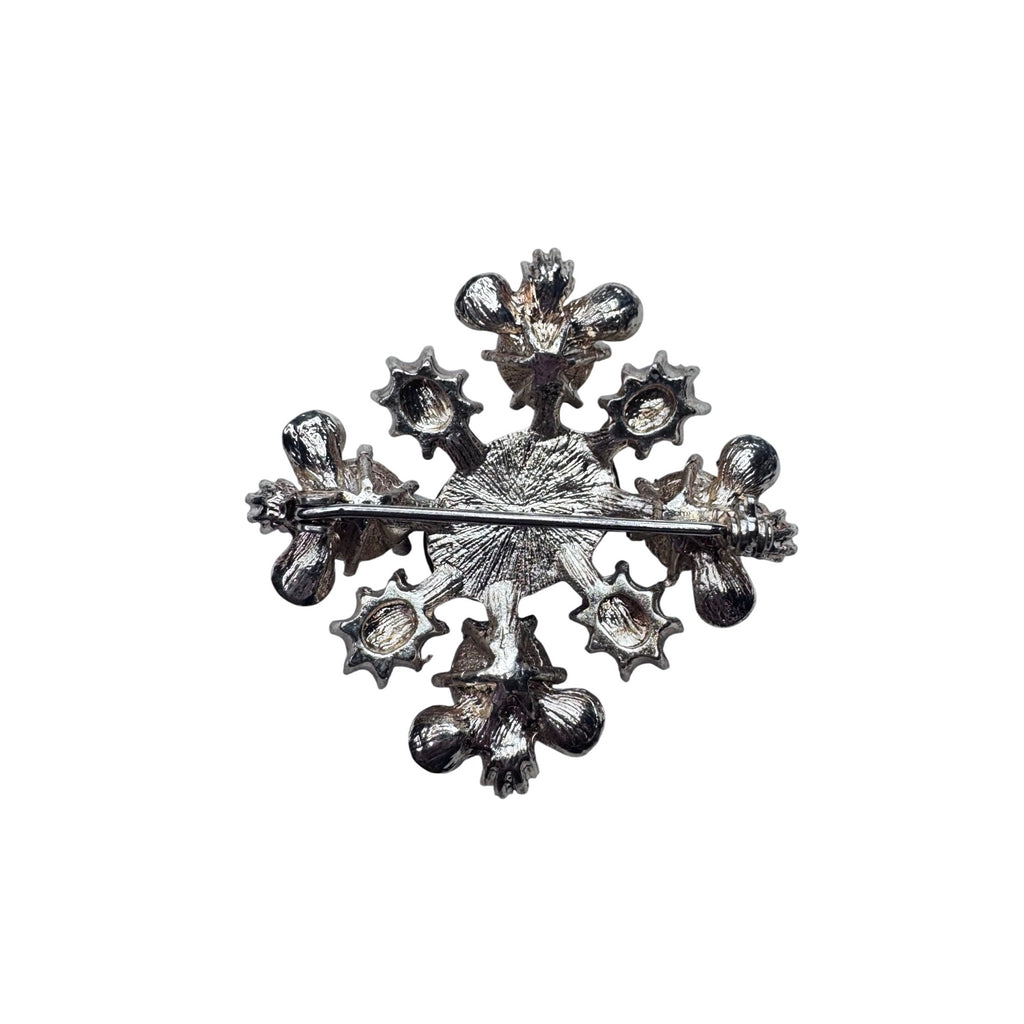 Blue Purple Crystal Faux Pearl Brooch Silver Tone Modern