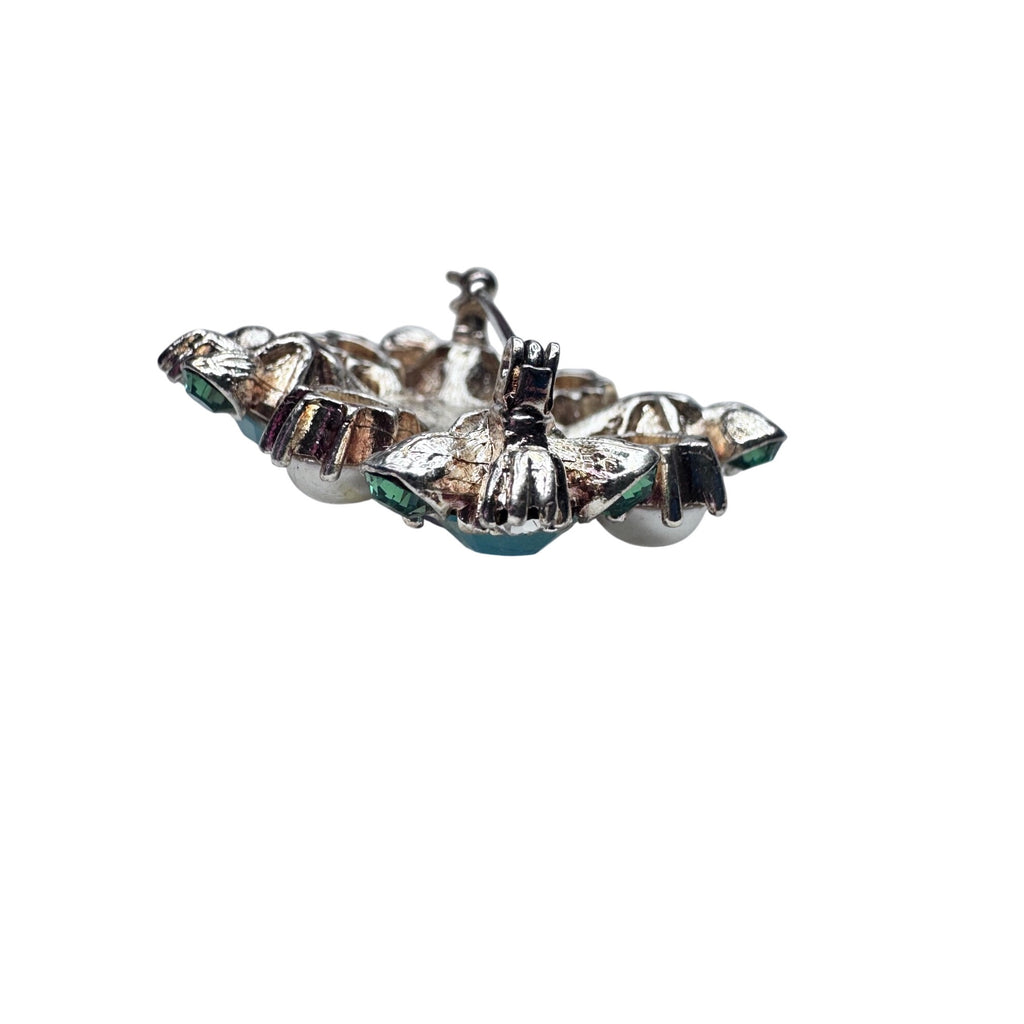Blue Purple Crystal Faux Pearl Brooch Silver Tone Modern
